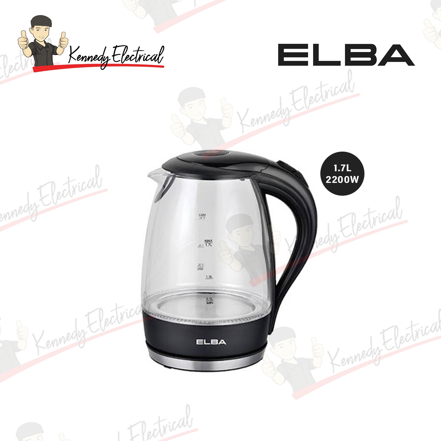 Elba 1.7L Borosilicate Glass Body With Led Light Jug Kettle EJK-F1723G(BK)