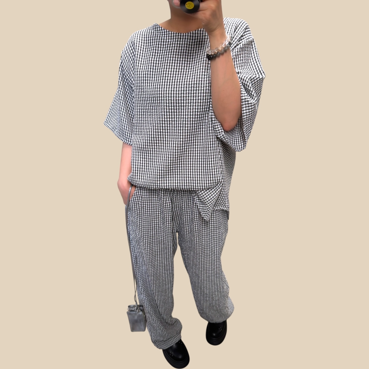 221430 圓領格仔Set