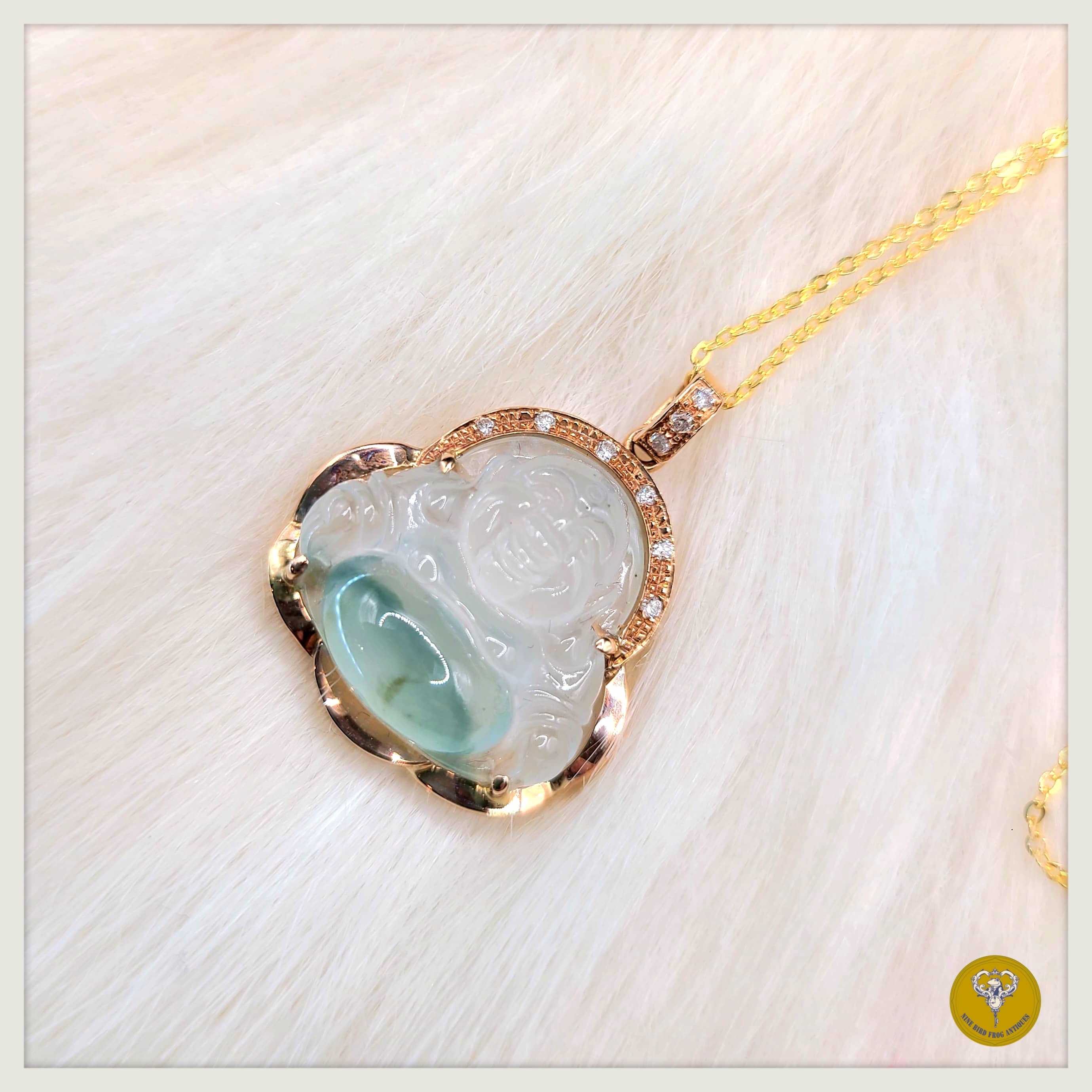 80年代高冰種翡翠彌勒佛鑽石18k金鑲嵌配純銀包金頸鍊（付證書）