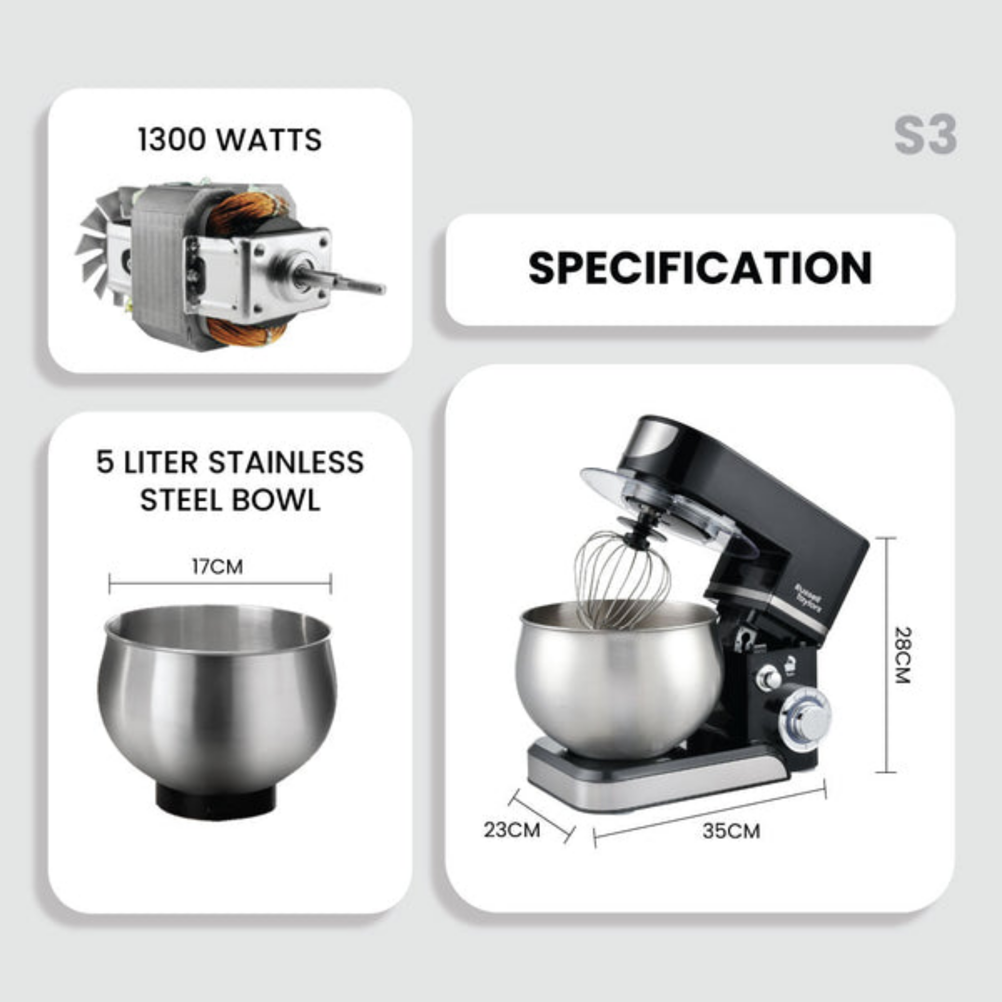 Russell Taylors 1300W 5L Stand Mixer (S3)