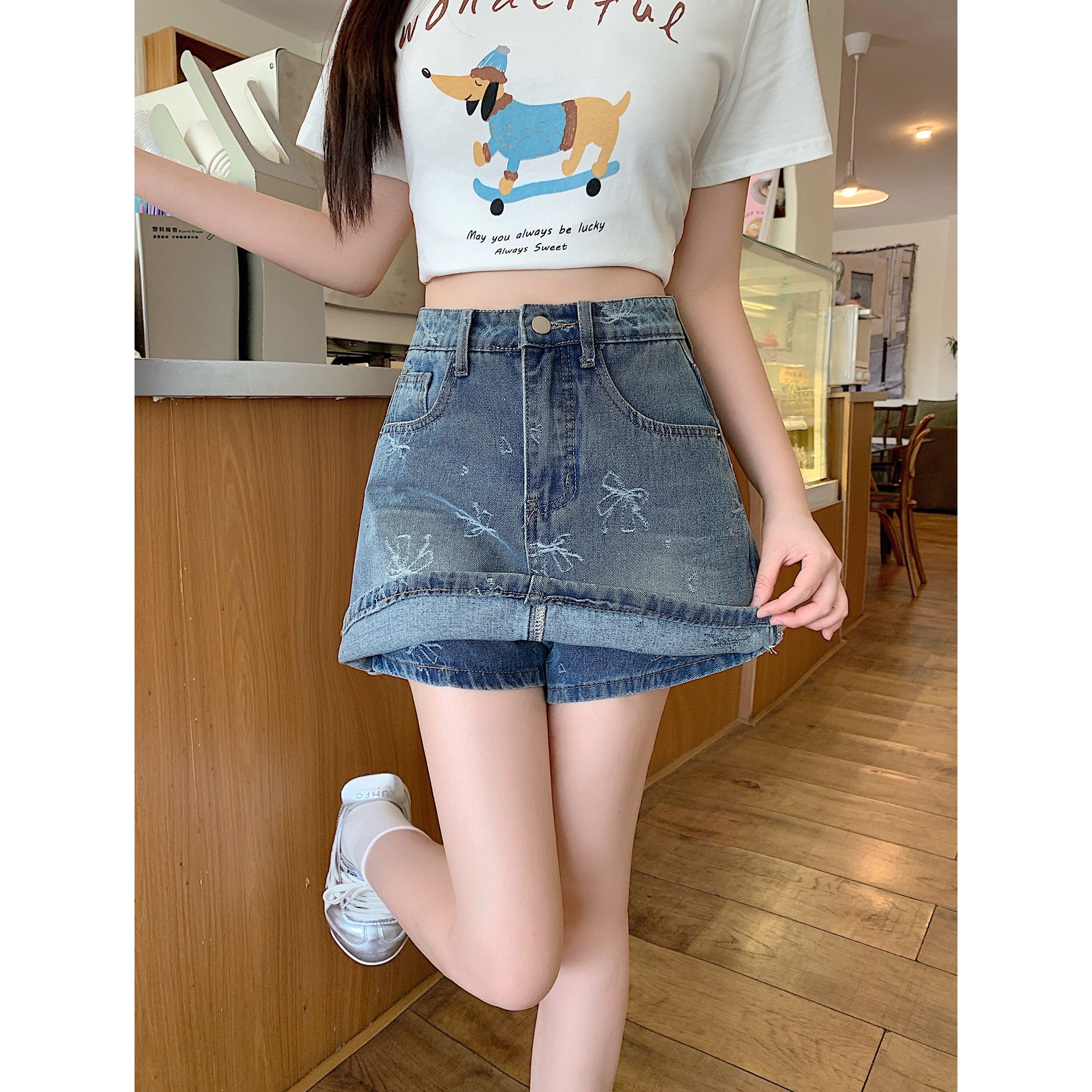 B446(66130) 韩系JEANS甜美风蝴蝶结印花设计感蓝前裙后裤