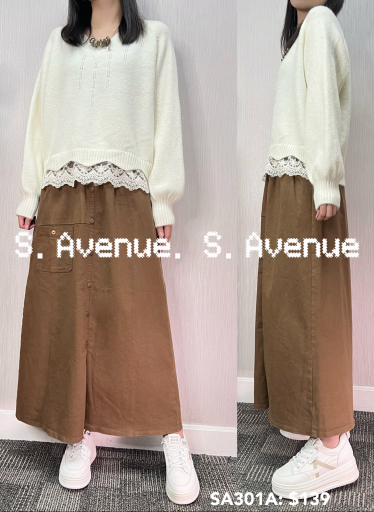 SA301A: 長袖燈籠袖V領腳lace冷衫