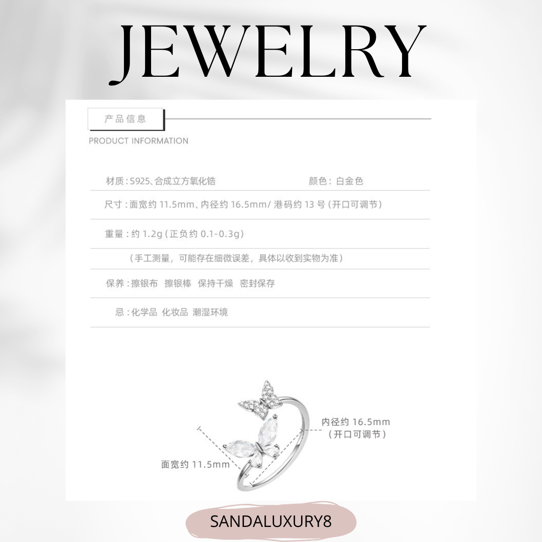 Butterfly Ring Adjustable Open Ring Silver Jewelry Gift for Her Luxury Design  Adjustable Rings  Fashion Ring 925 Sterling Silver  For Womens  Gifts  Bridal Wedding  Party  Prom  Engagement  Anniversary  Valentine's Day  Birthday  Christmas  New Year  Mother's Day  Graduation  Holiday.