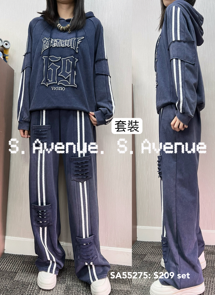 SA55275: 長袖有帽長英文字束腳衞衣面休閒白邊長褲套裝