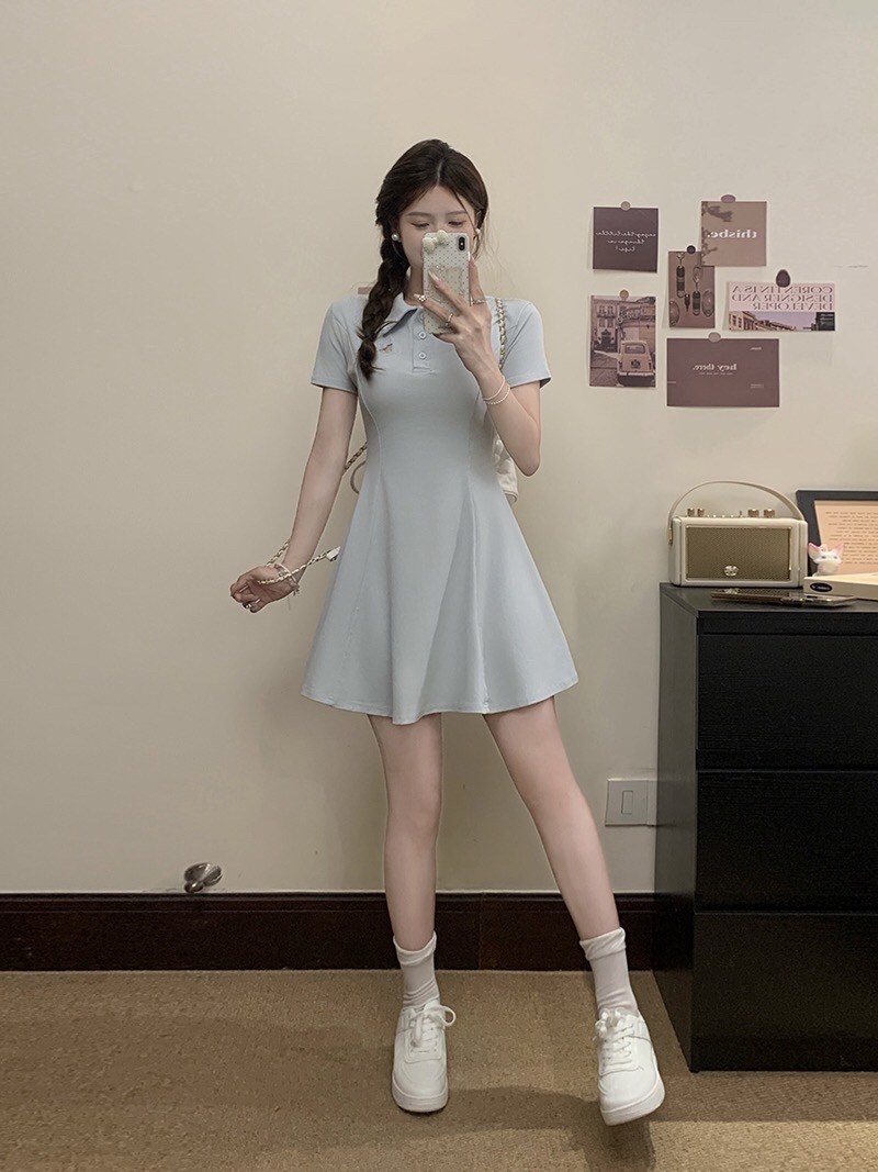 B309(22012) 韩版甜美风POLO领前后镂空KITTY 3色连身裙