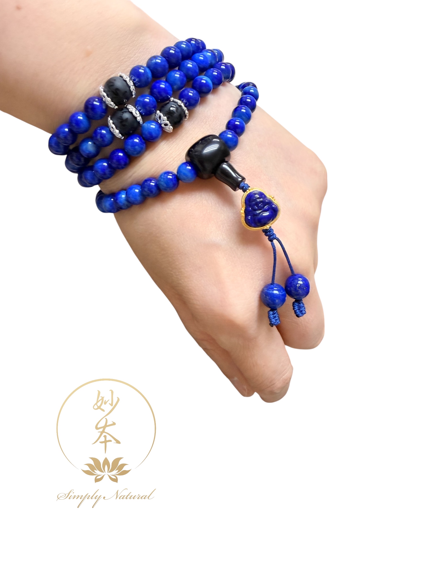 6.7mm 108粒青金石念珠 配：勒彌佛青金、六字大明咒黑瑪瑙（手圍偏大）