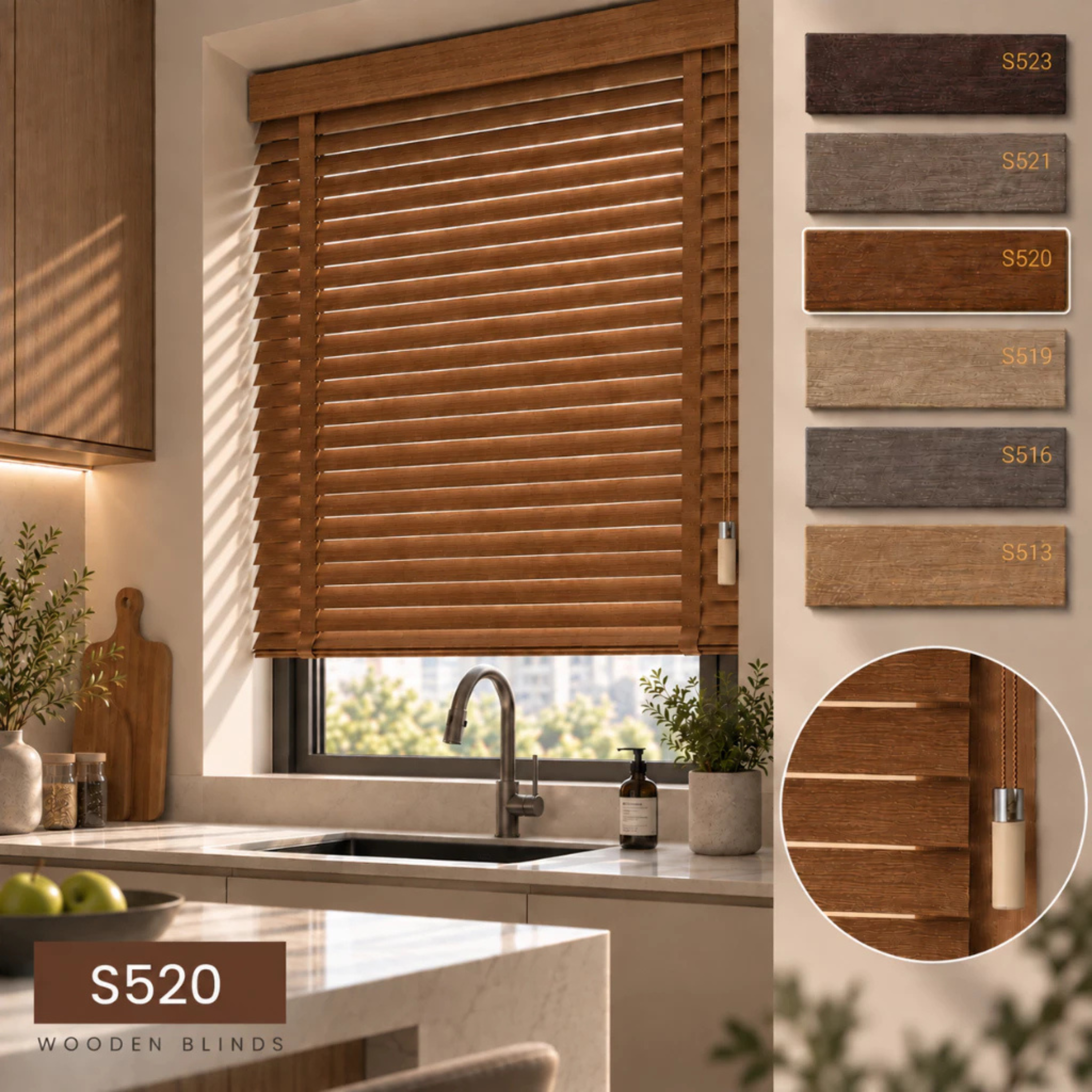 100% Kayu Asli | Bidai Kayu | 50mm Premium Timber Blinds Malaysia | Natural Wood Blinds | Custom Made Window Blinds