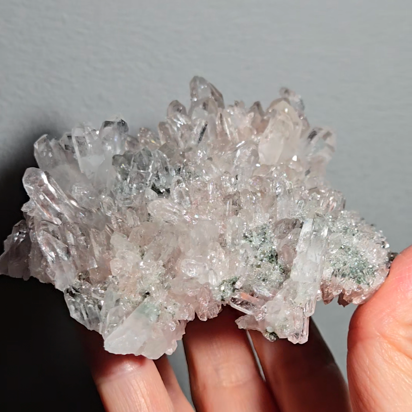 Pink Lemurian quartz cluster with green chlorite, rainbows - LQ189