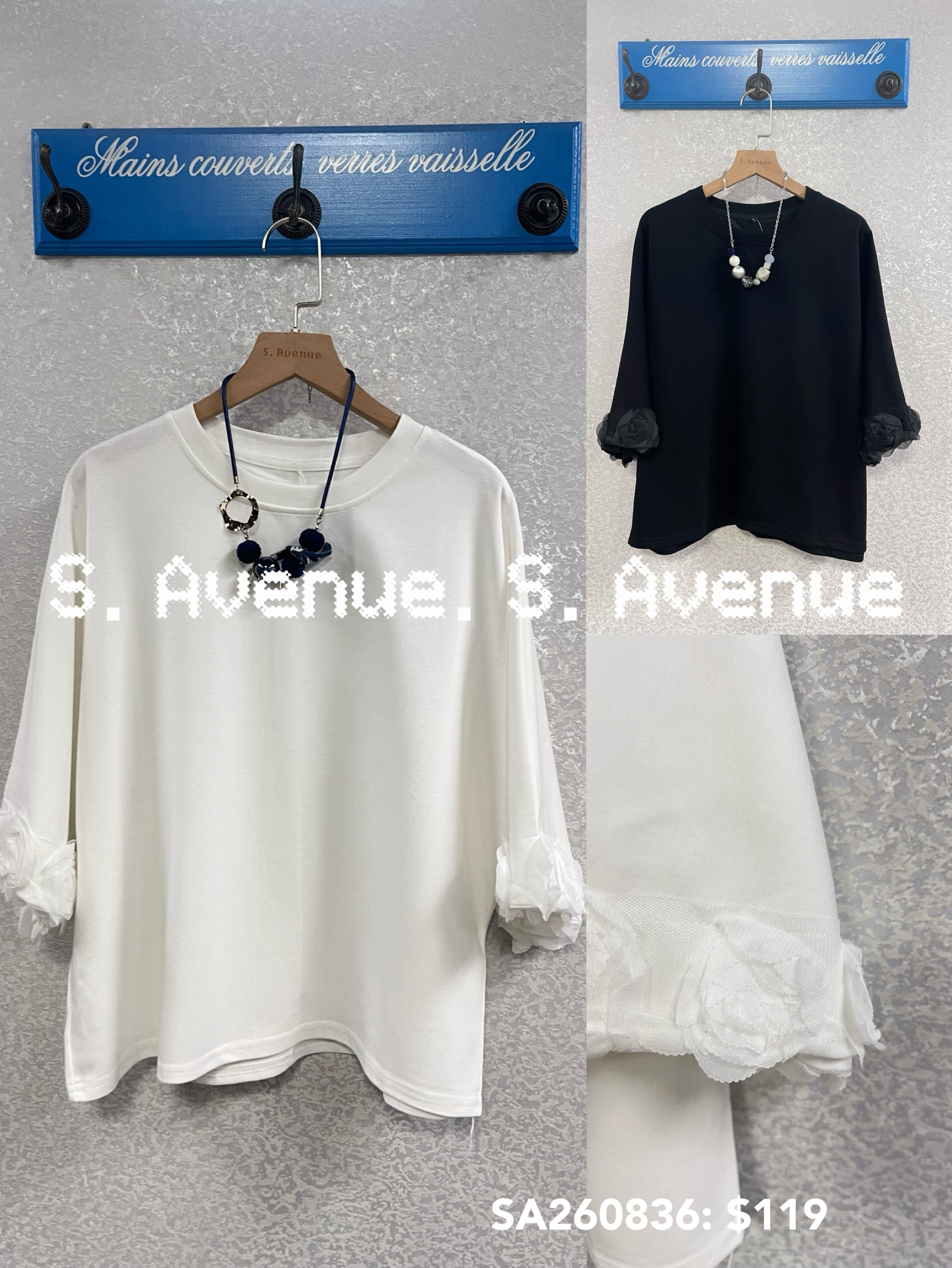 SA260836: 喇叭袖袖邊立體花小蝙蝠tee