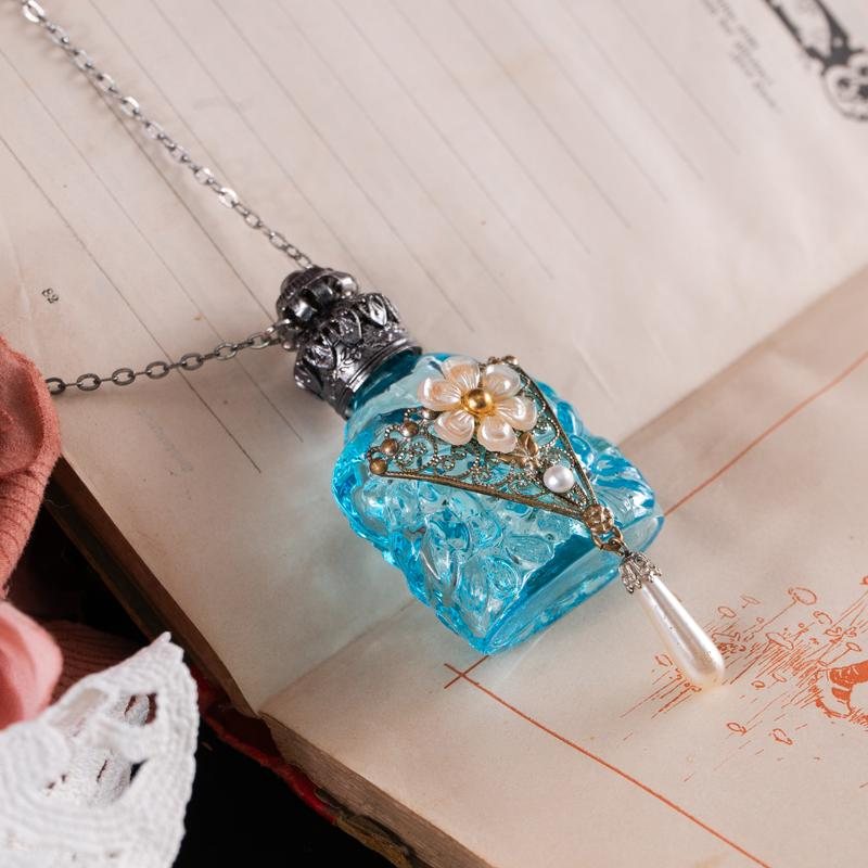 Vintage Sky Blue 3D Floral Glass Dangle Faux Pearl Purse Perfume Bottle Necklace - Recomposed New Old Stock(MZ001-16)