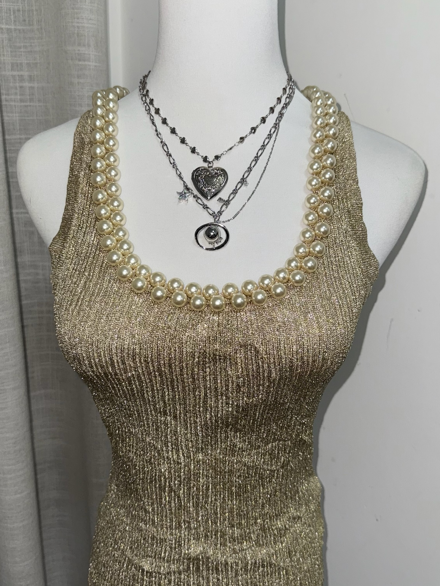 Vintage Gold Metallic Ribbed Sleeveless Top with Faux Pearl Neckline