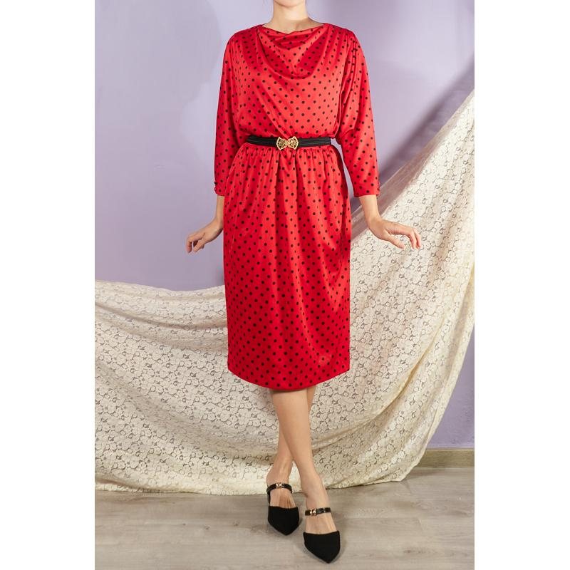 Vintage Japanese Iconic Red and Black Dotty Pattern Cowl Collar Dress / 80s Party Dress (MT1608-157)