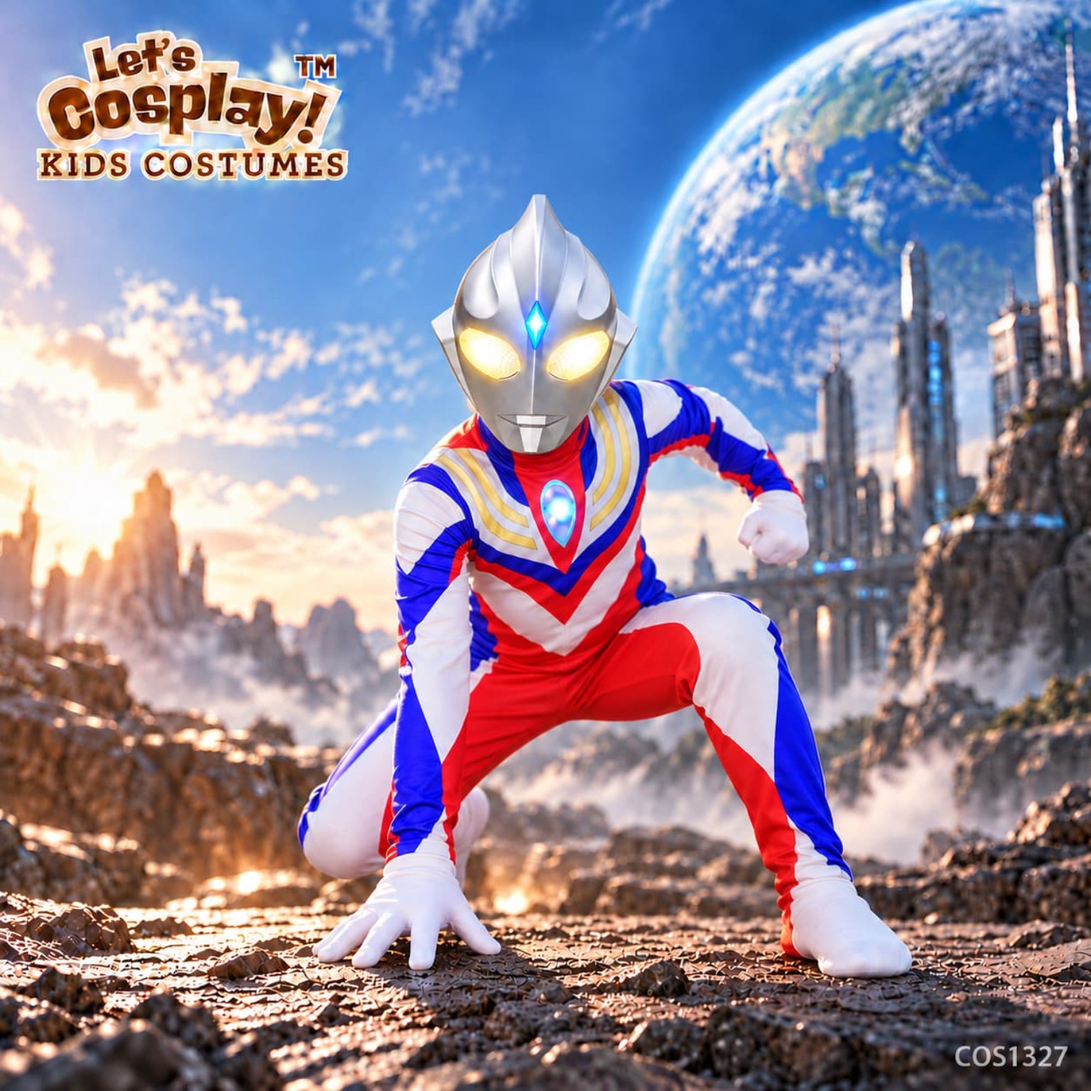 超人迪加 Ultraman Tiga 兒童角色扮演服裝 紅藍白連身衣連發光胸燈 配不發光面具或觸摸式三燈發光頭盔 萬聖節 Superhero Day 香港現貨 Lets Cosplay COS1327