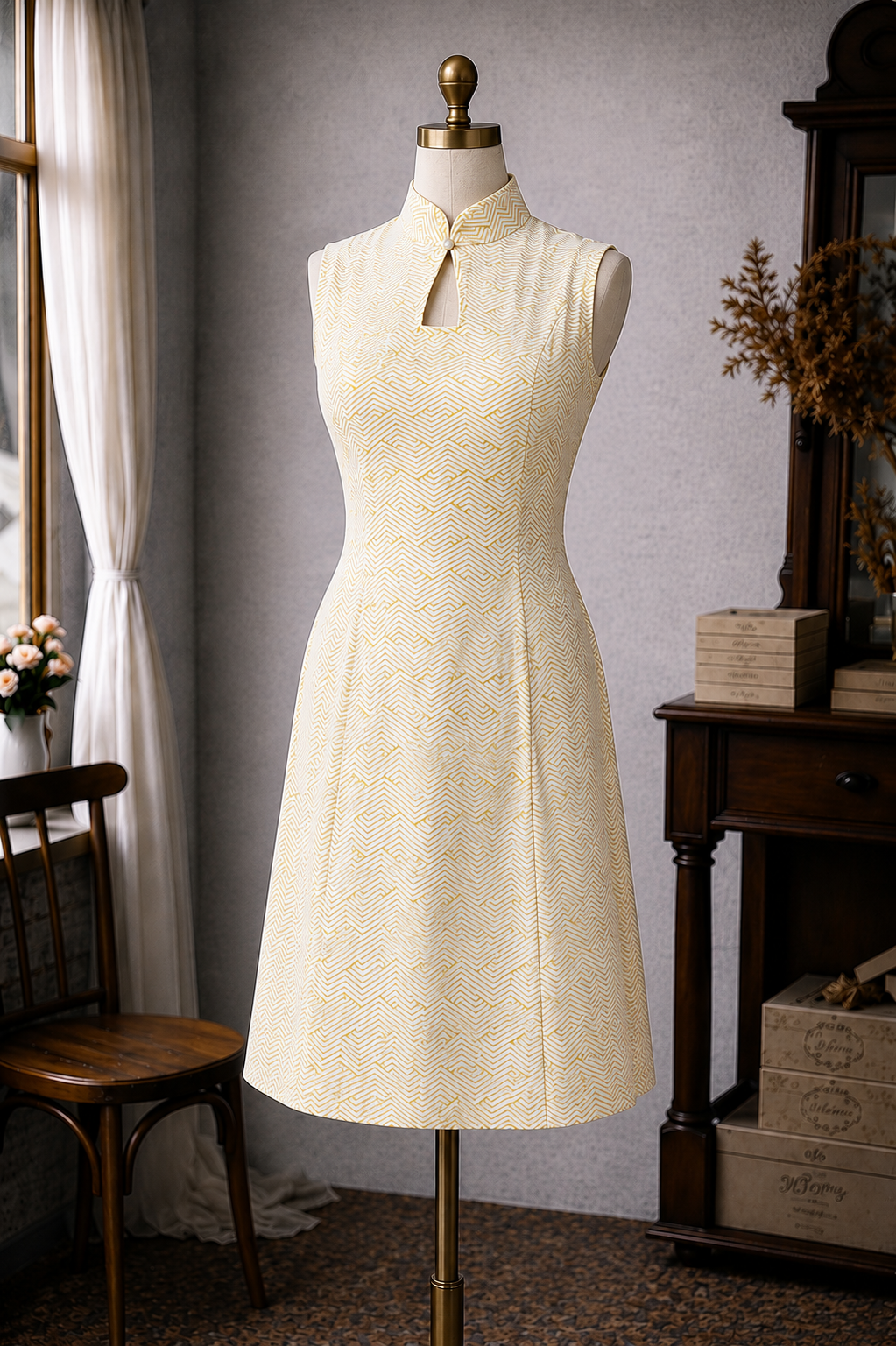 (Ready-made)100% Organic Cotton 60s Style Yellow Vintage Pattern Mandarin Collar Shift Dress(FM166)