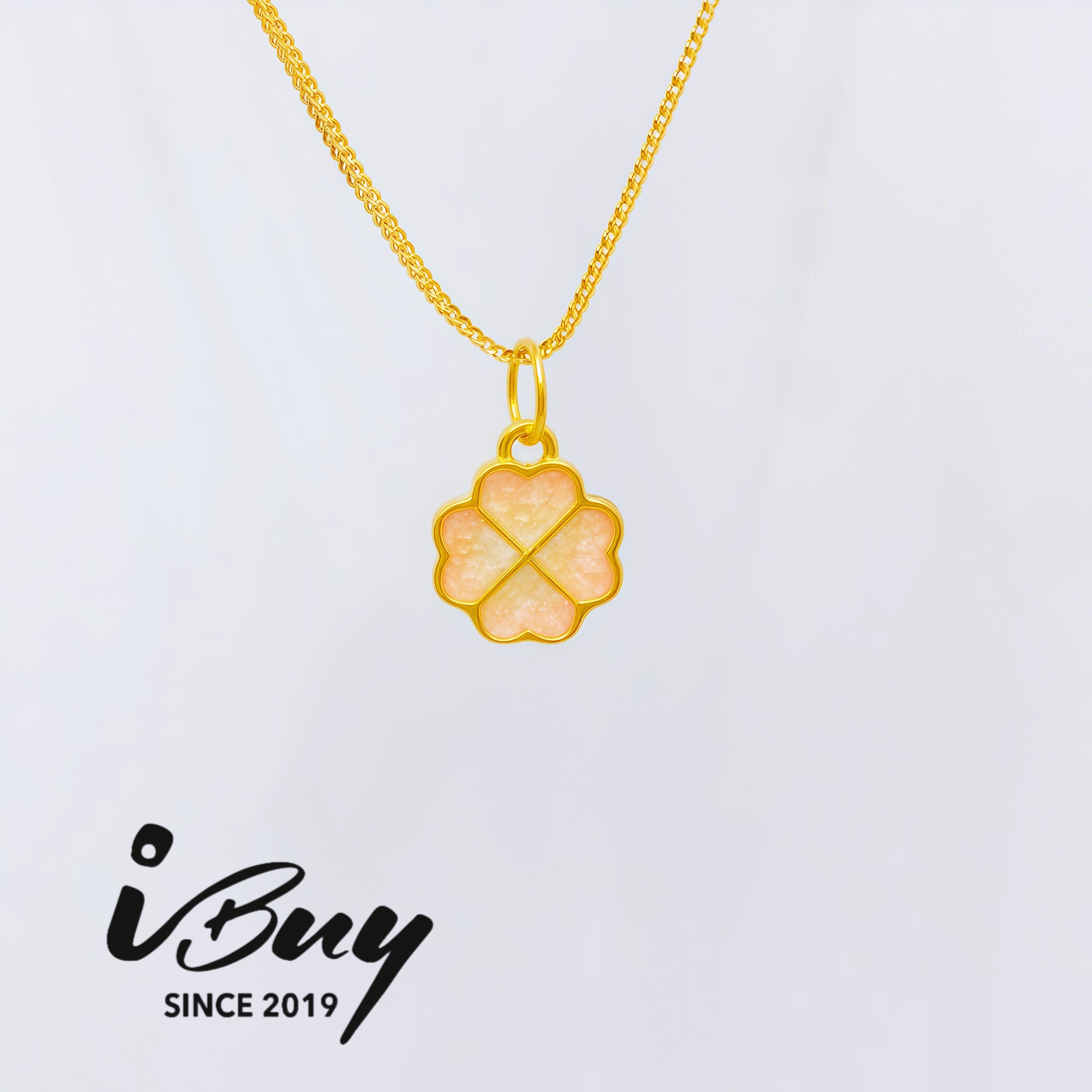 999 GOLD ENAMEL 4 PETAL HEART SHAPPED FLOWER PENDANT - PINK 999 金 珐琅四瓣爱心花 - 粉