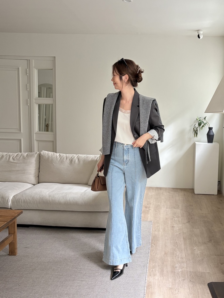 Margot Blazer with Striped Cuffs (Charcoal)
