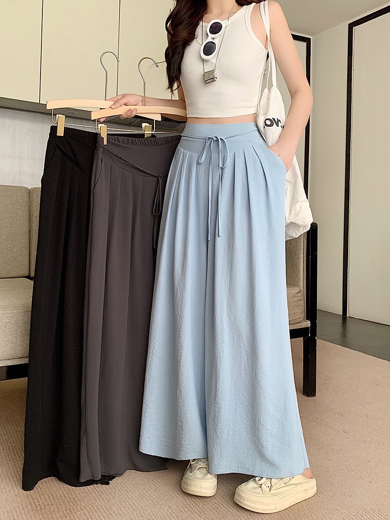 B252(21811) 韩版慵懒风显瘦捏痕腰系带3色阔腿长裤