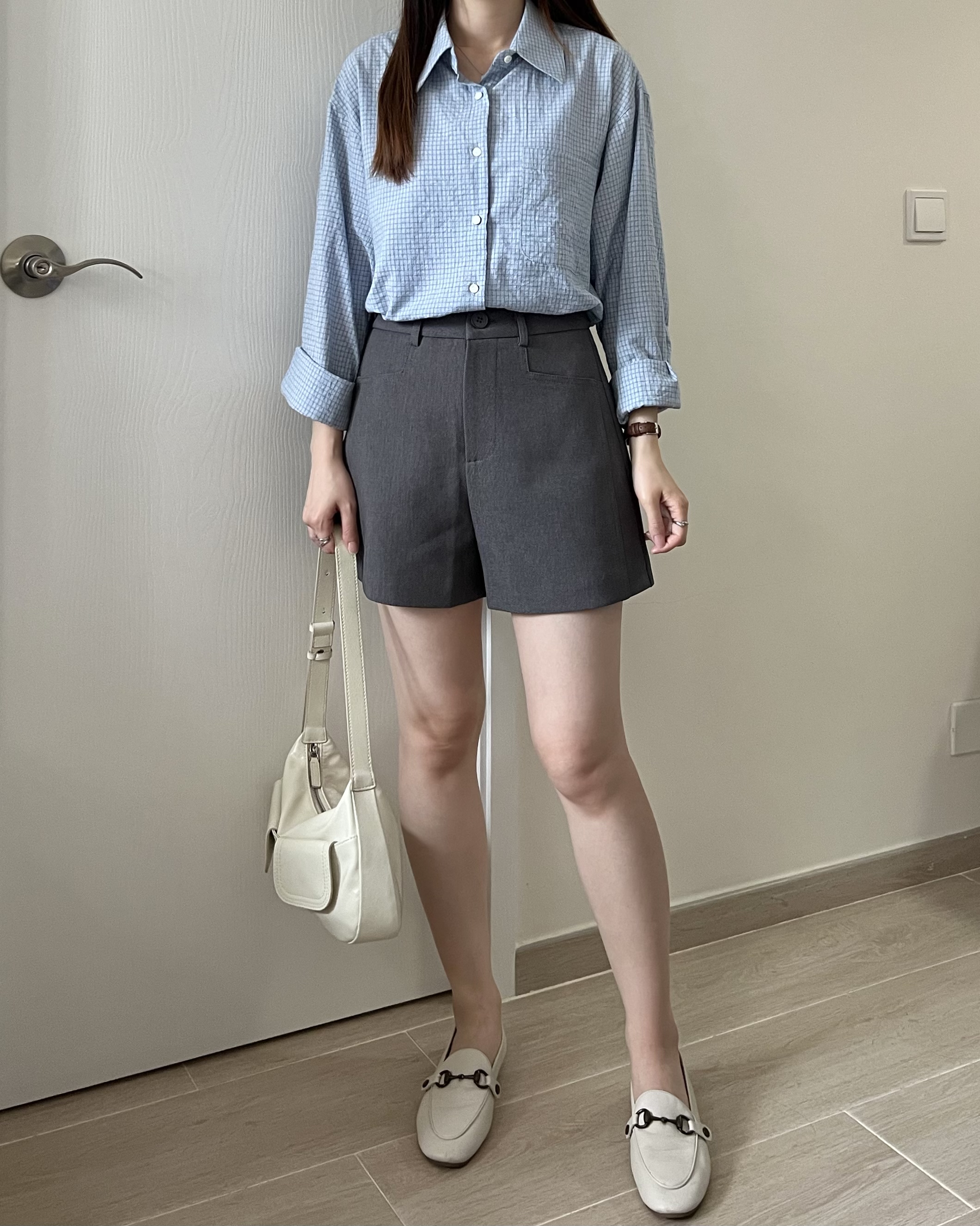 韓風細格紋薄恤衫 