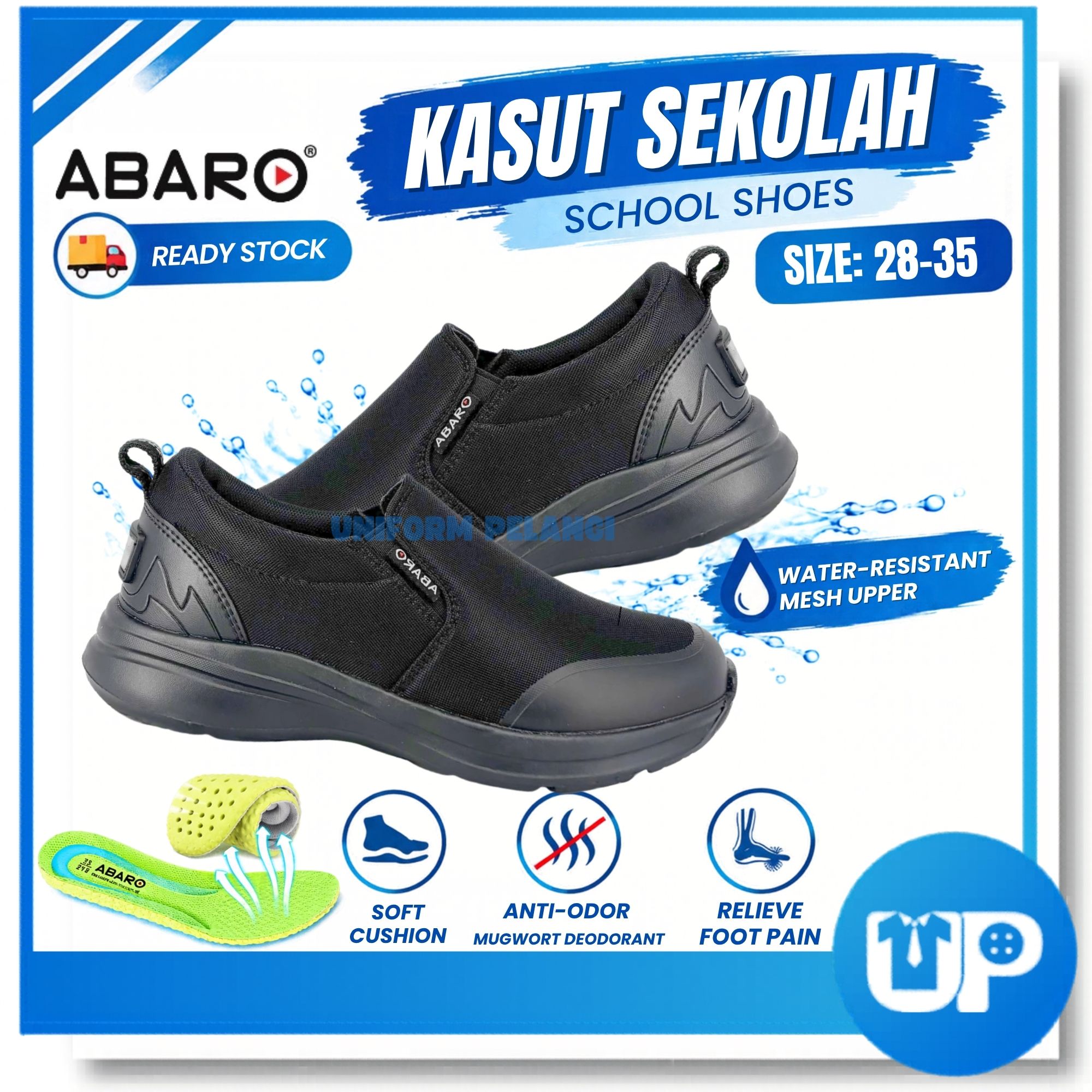 ABARO Kasut Sekolah Hitam Slip-on Water Resistant Canvas Sekolah Soft Cushion Shoe (W2889N)