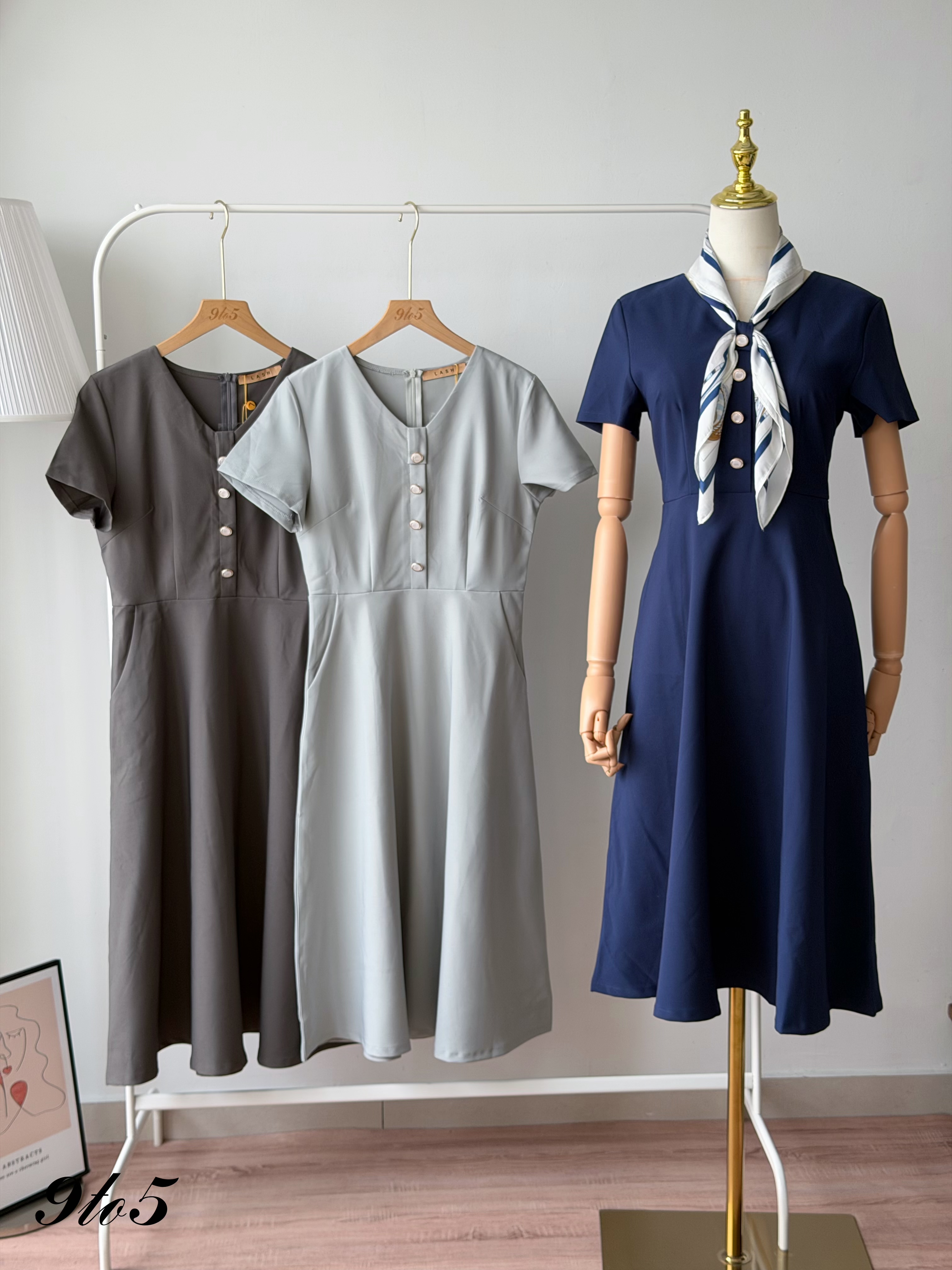 D2378 V Neck Waisted Dress - 3 Colors