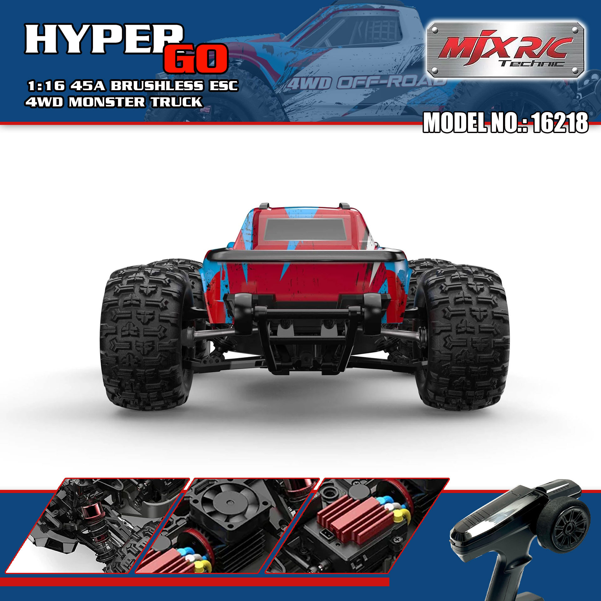 全新 美嘉欣 MJX R/C 1:16 16218 無刷大腳車 | 防翻尾輪 | 金屬齒輪 | 油壓避震 | 可用2s-3s電 | 最高速約60KM/H