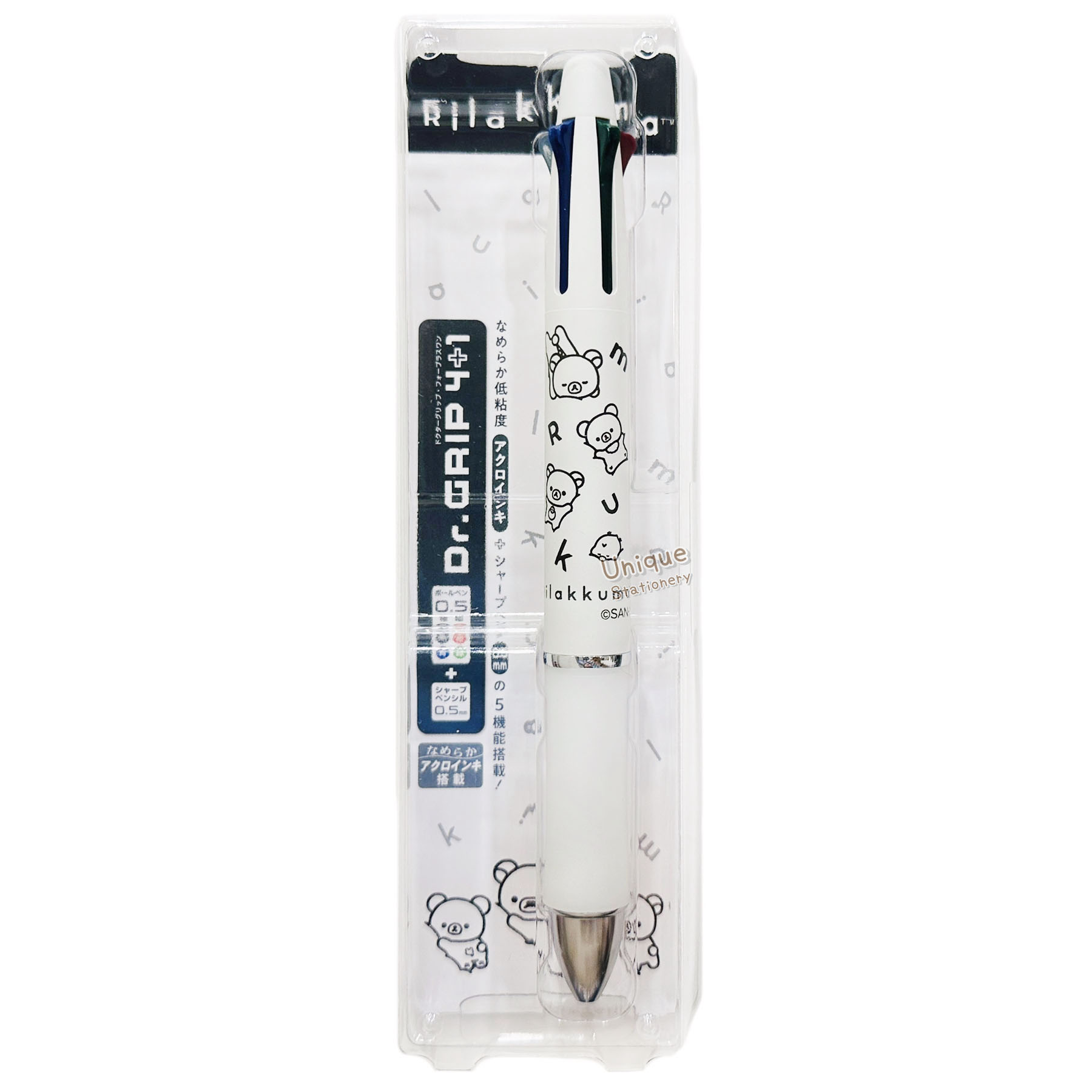現貨｜San-X Rilakkuma 鬆弛熊 BASIC RILAKKUMA MONOCHROME 系列 Pilot Dr.Grip 4+1 日本製 多功能 5用筆 0.5mm 4色原子筆 + 0.5mm 鉛芯筆 (PR16502)