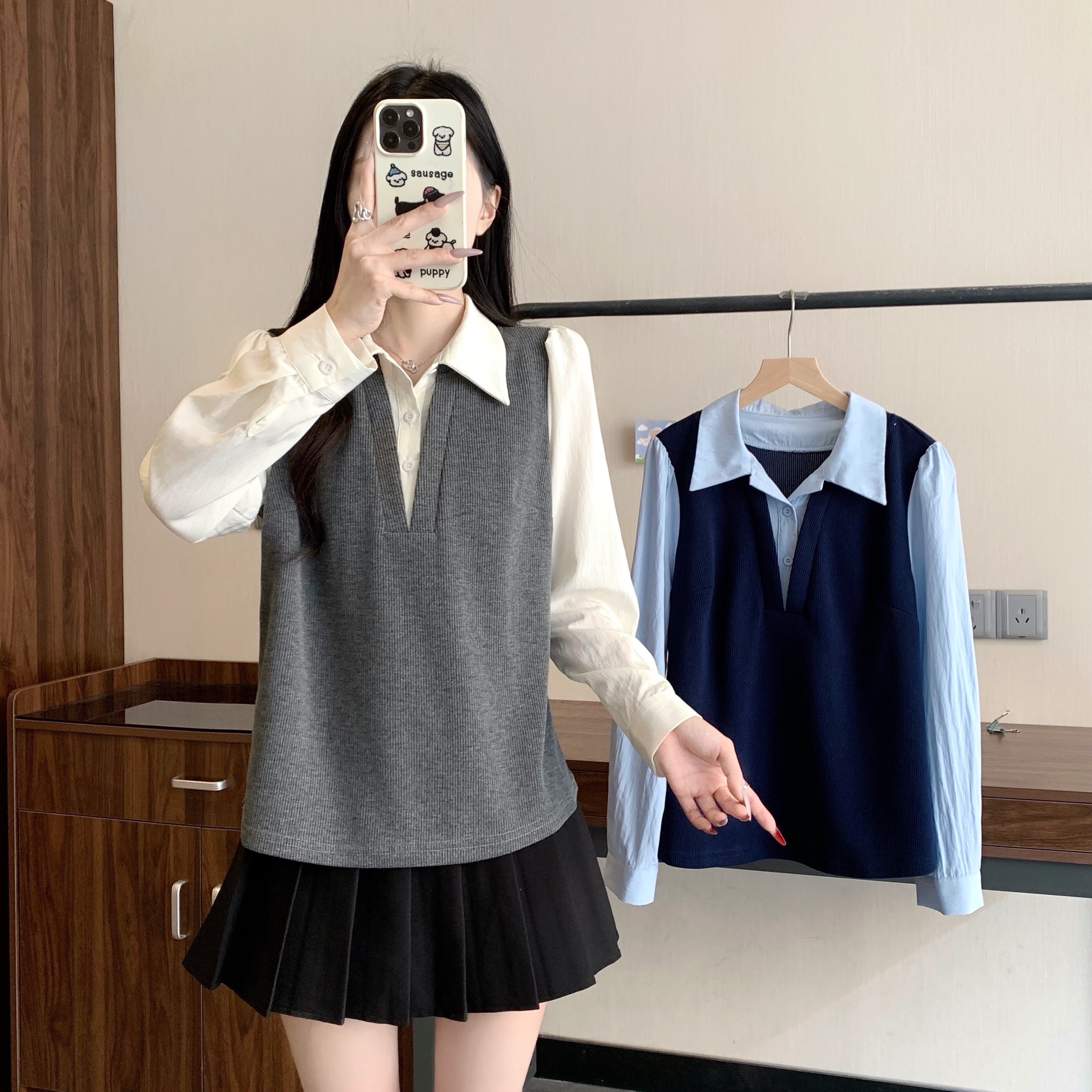 B52(80705) 韩系时尚撞色假两件拼接叠穿长袖衬衫灰蓝上衣