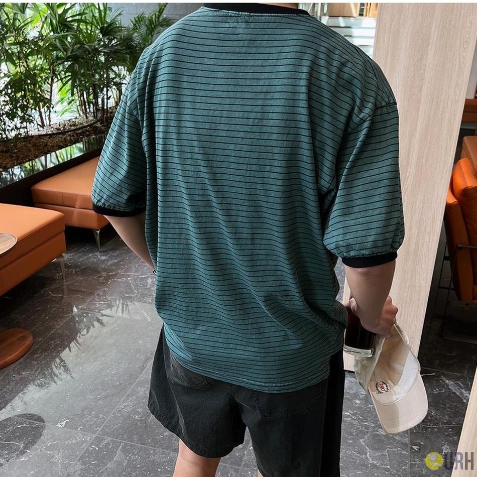 【100%保證韓國直送】Wave Stripe 復古顏料染水波紋條紋撞色領短袖 Tee 👕 [4 color] RG115871