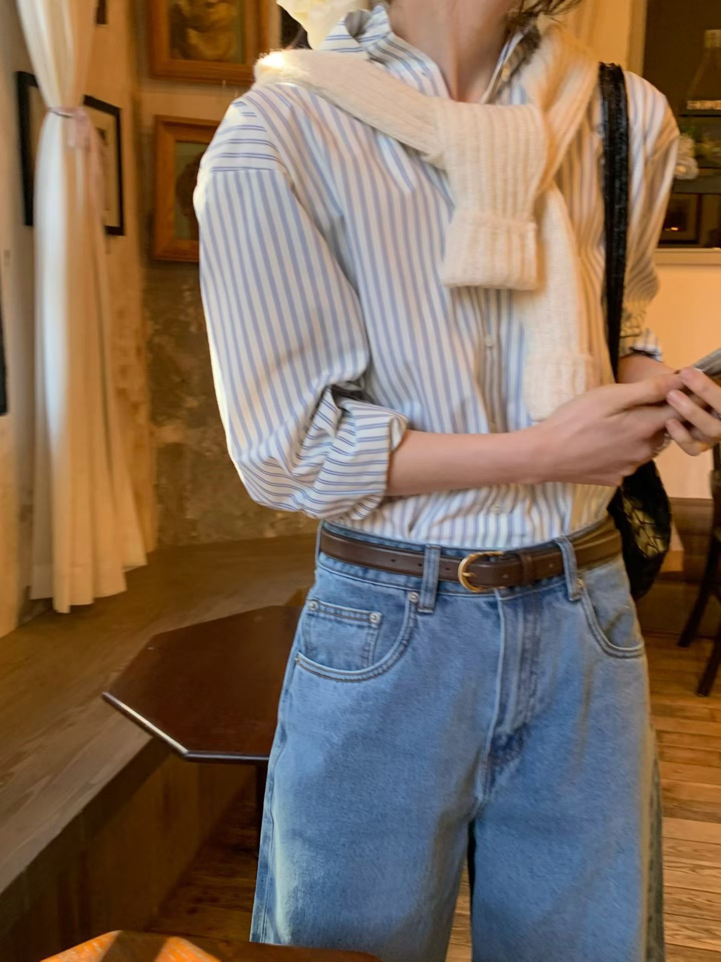 【慵懶休閒感】法式直間紋配色襯衫