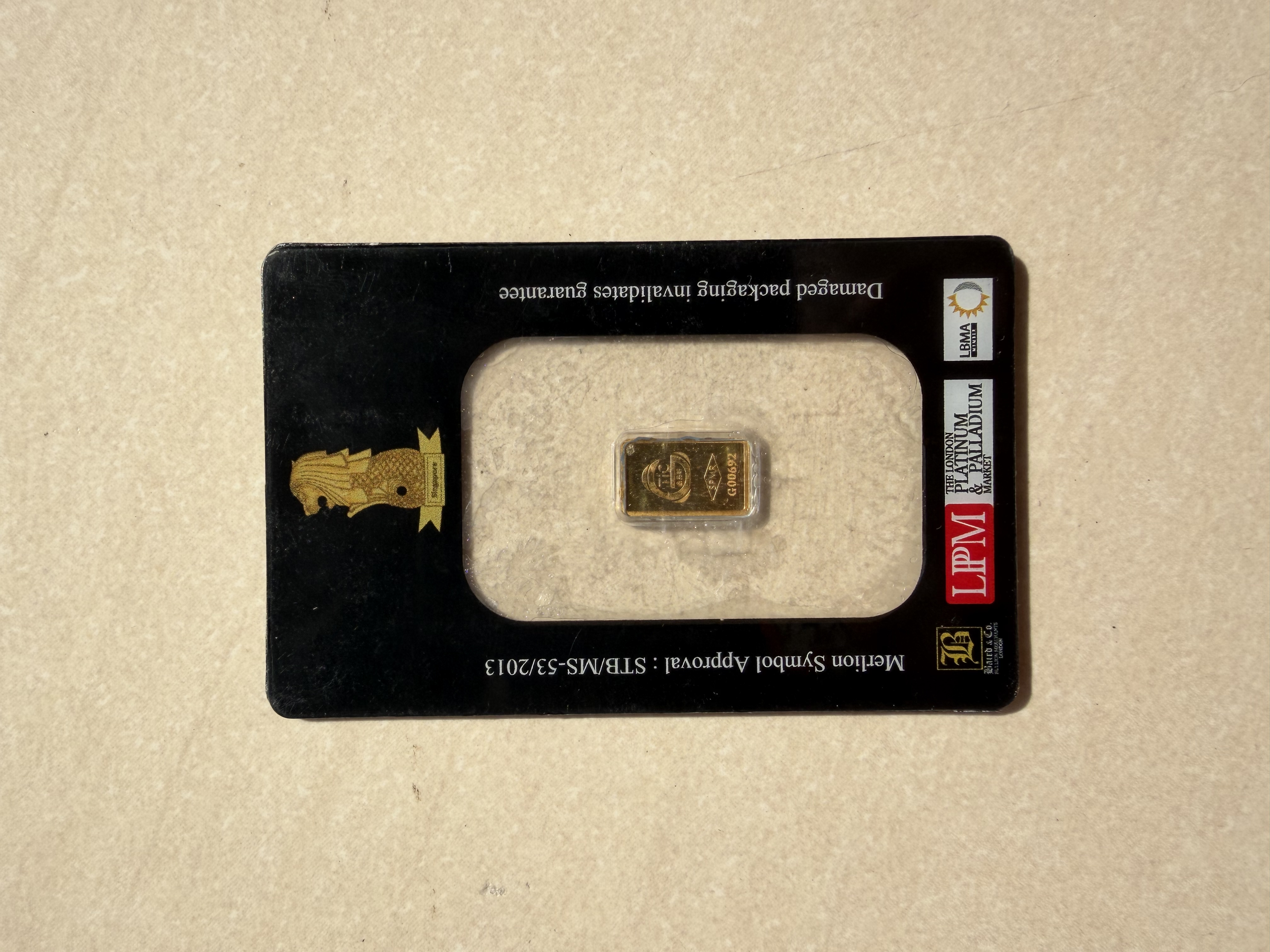 Baird Mint 🇬🇧 Merlion 1g Year 2013 Fine Gold Bar 999.9