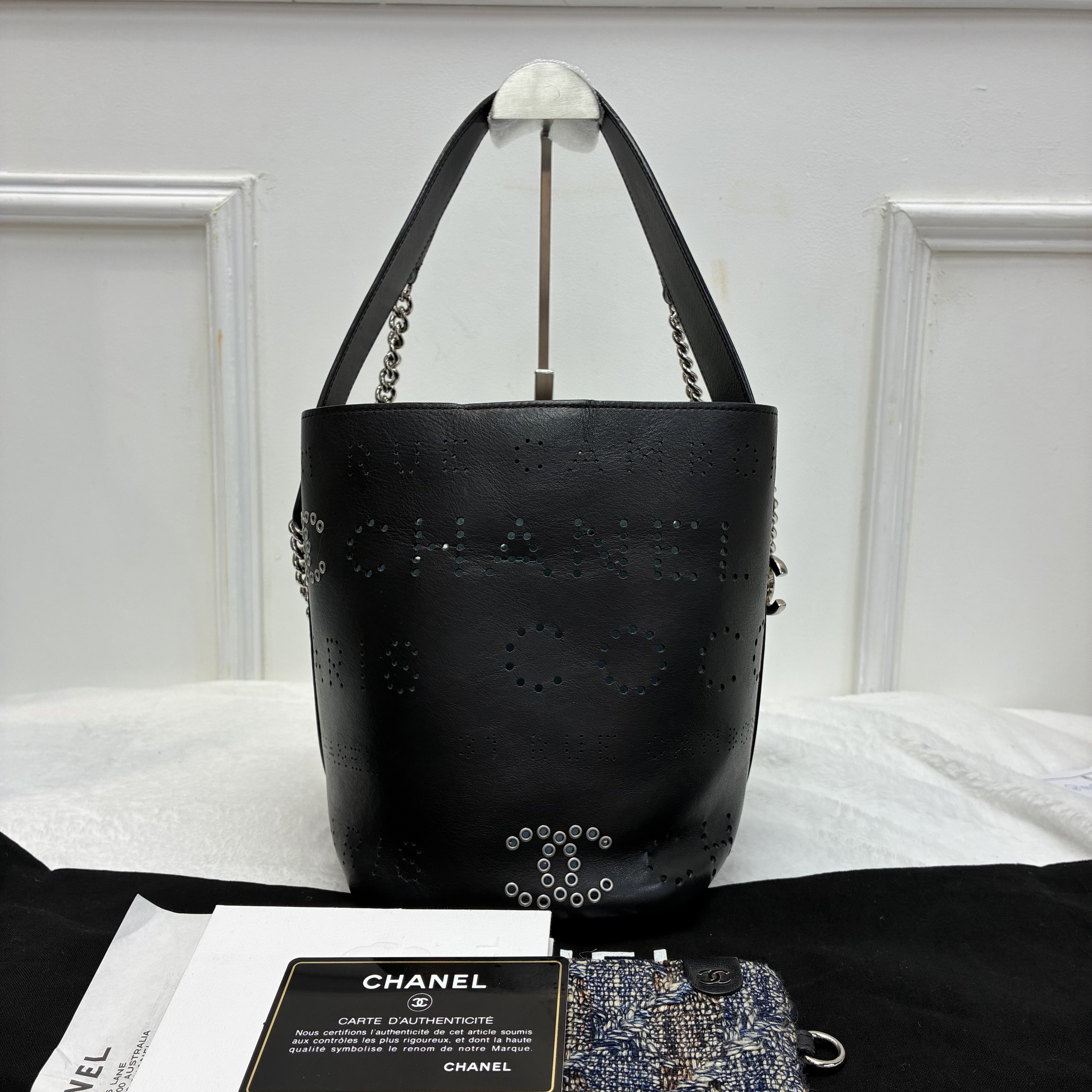 Chanel Small Perforated Calfskin Logo Eyelet Bucket Bag 香奈兒黑色穿孔小牛皮logo眼孔水桶包
