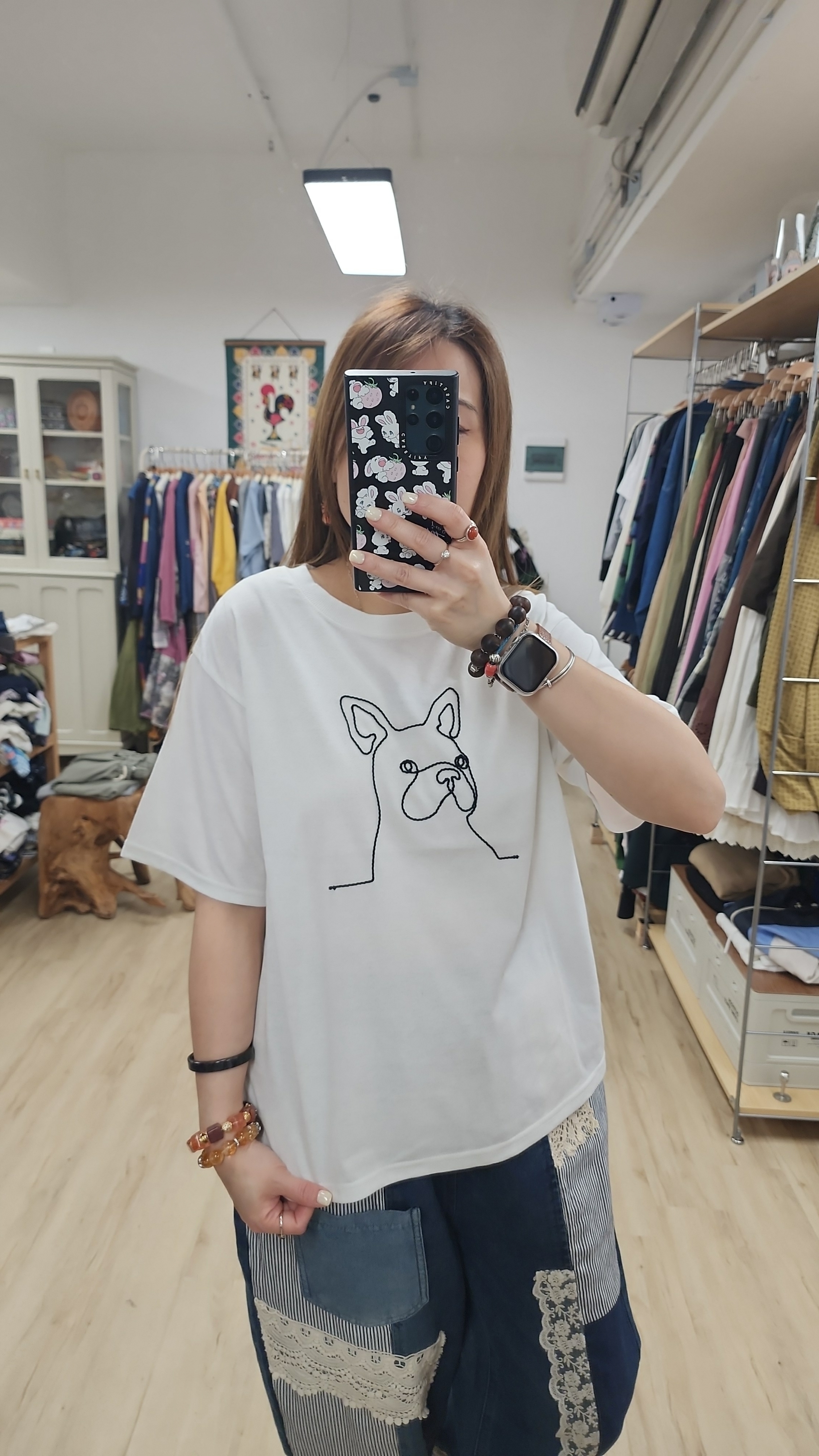 日牌白拼立體繩狗狗圖案棉Tee