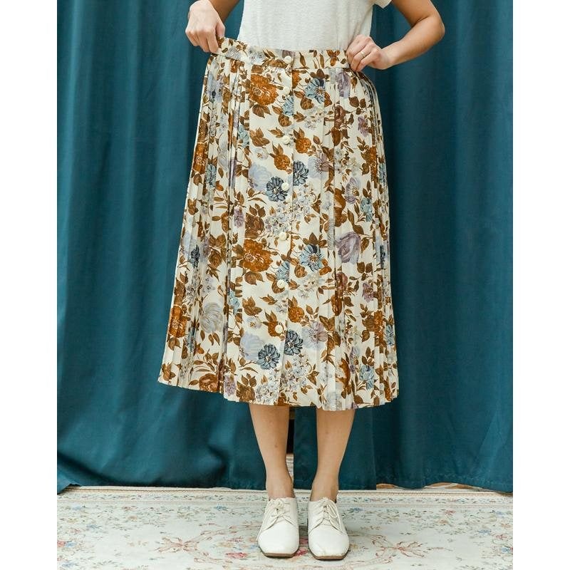 Vintage Autumn Floral Pattern Decorative Button Up Design Side Box Pleated Skirt- Size L to XL Waist 31~34"（MT1606-10）