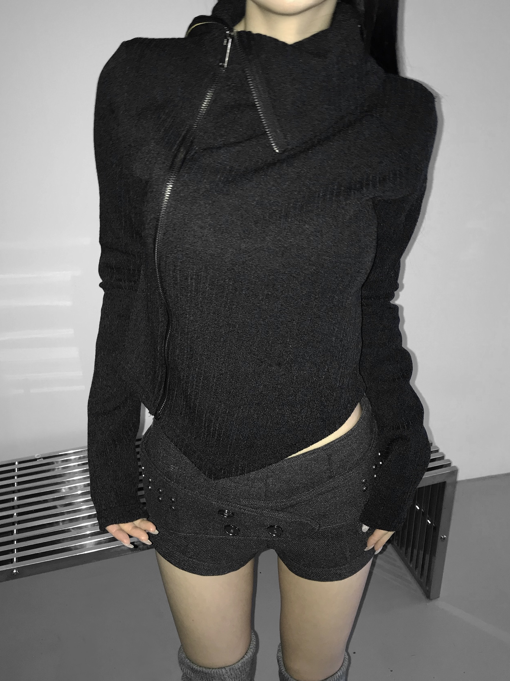 Asymmetric Zip-Up Ribbed Jacket