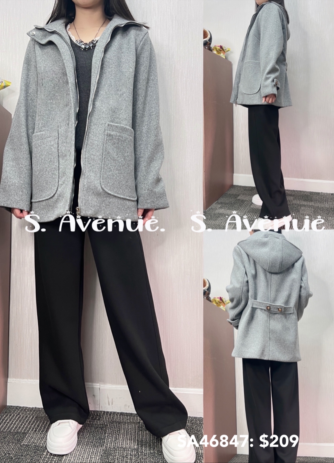 SA46847: 長袖有帽方袋絾褸