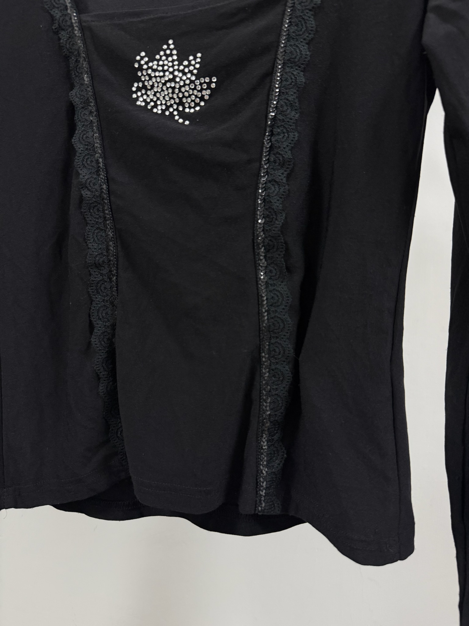 Black False Two-Piece Top with Rhinestone Leaf Motifs