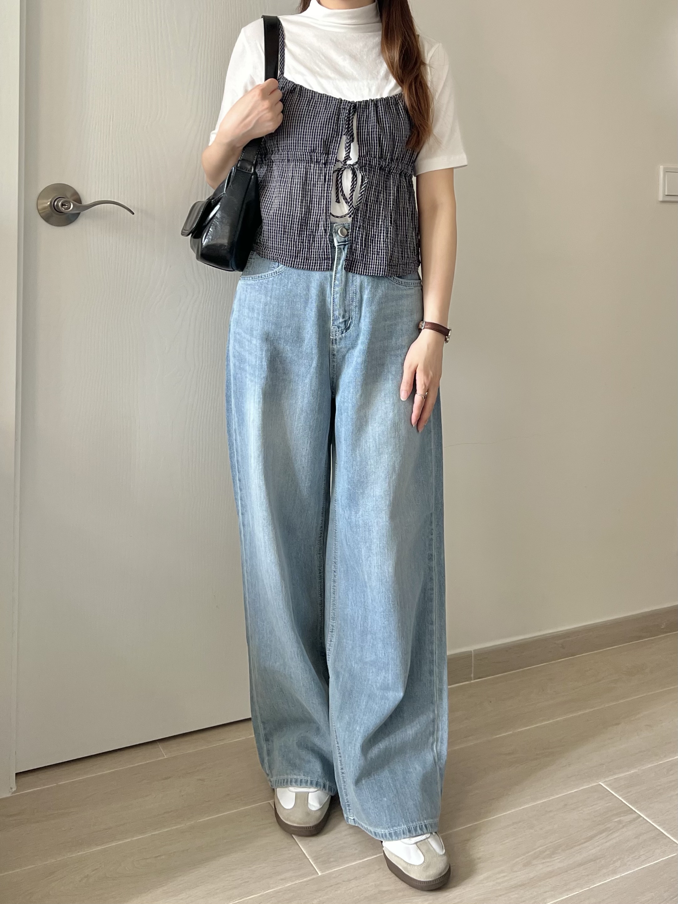 雙結皺皺格紋外搭背心 現貨