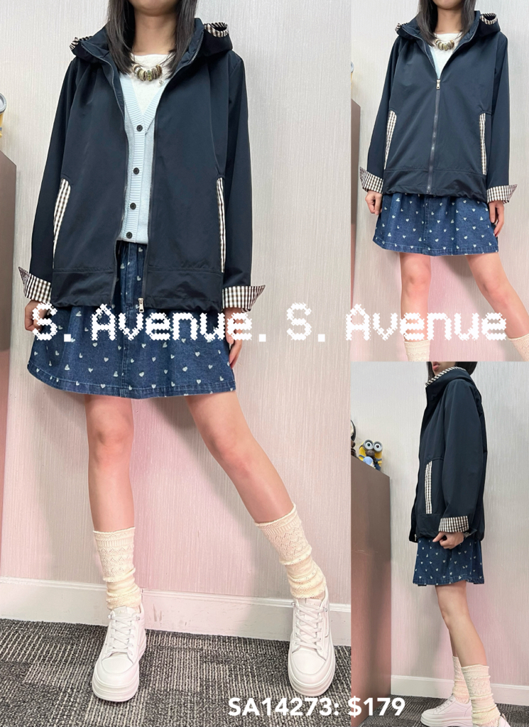 SA14273: 有帽長袖格仔邊拉錬外套