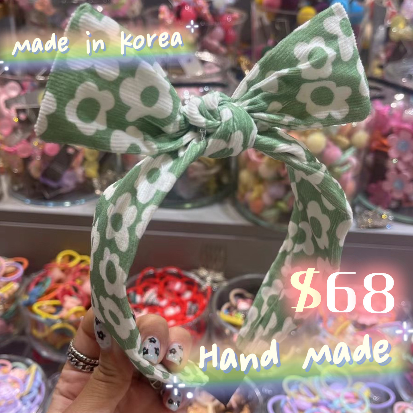 花朵蝴蝶結頭箍 綠色 韓國製