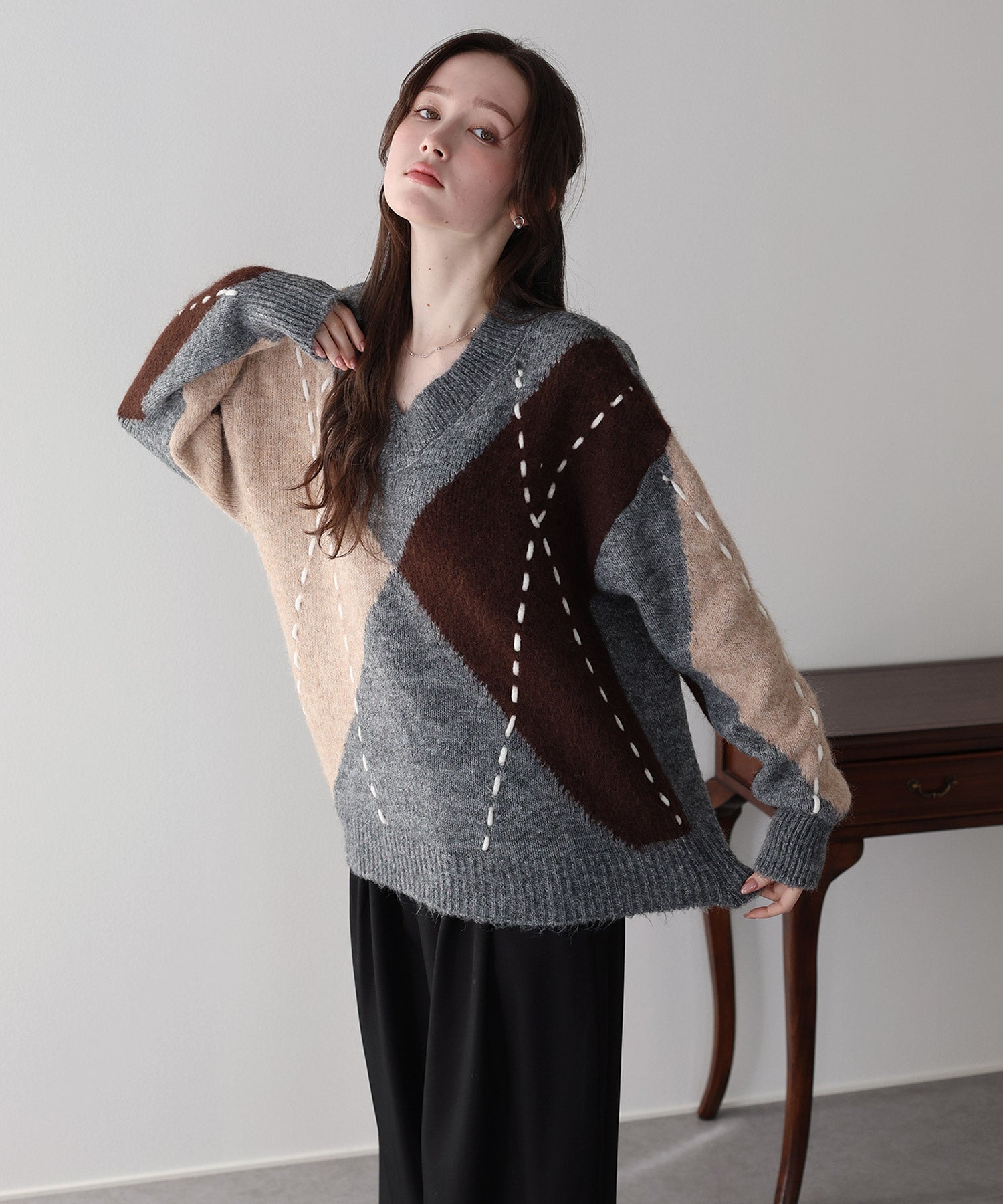 <限量現貨><JP> 店主自留！糯米糍～菱格縫線寬鬆Knit Top * 2色入