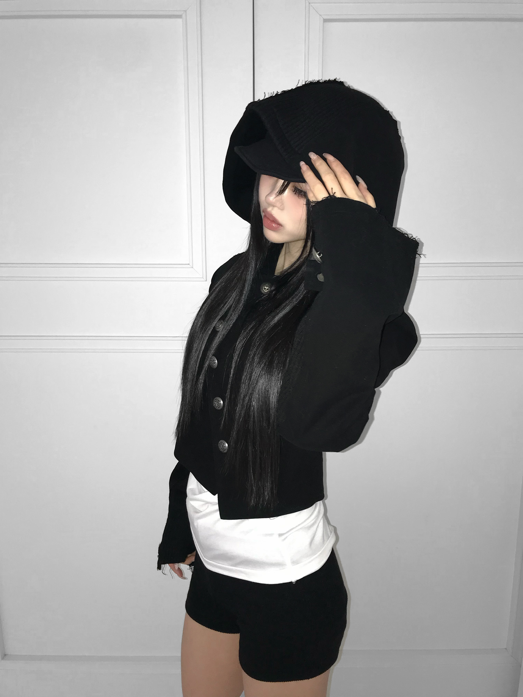 Asymmetric Raw-Edge Hooded Cropped Jacket