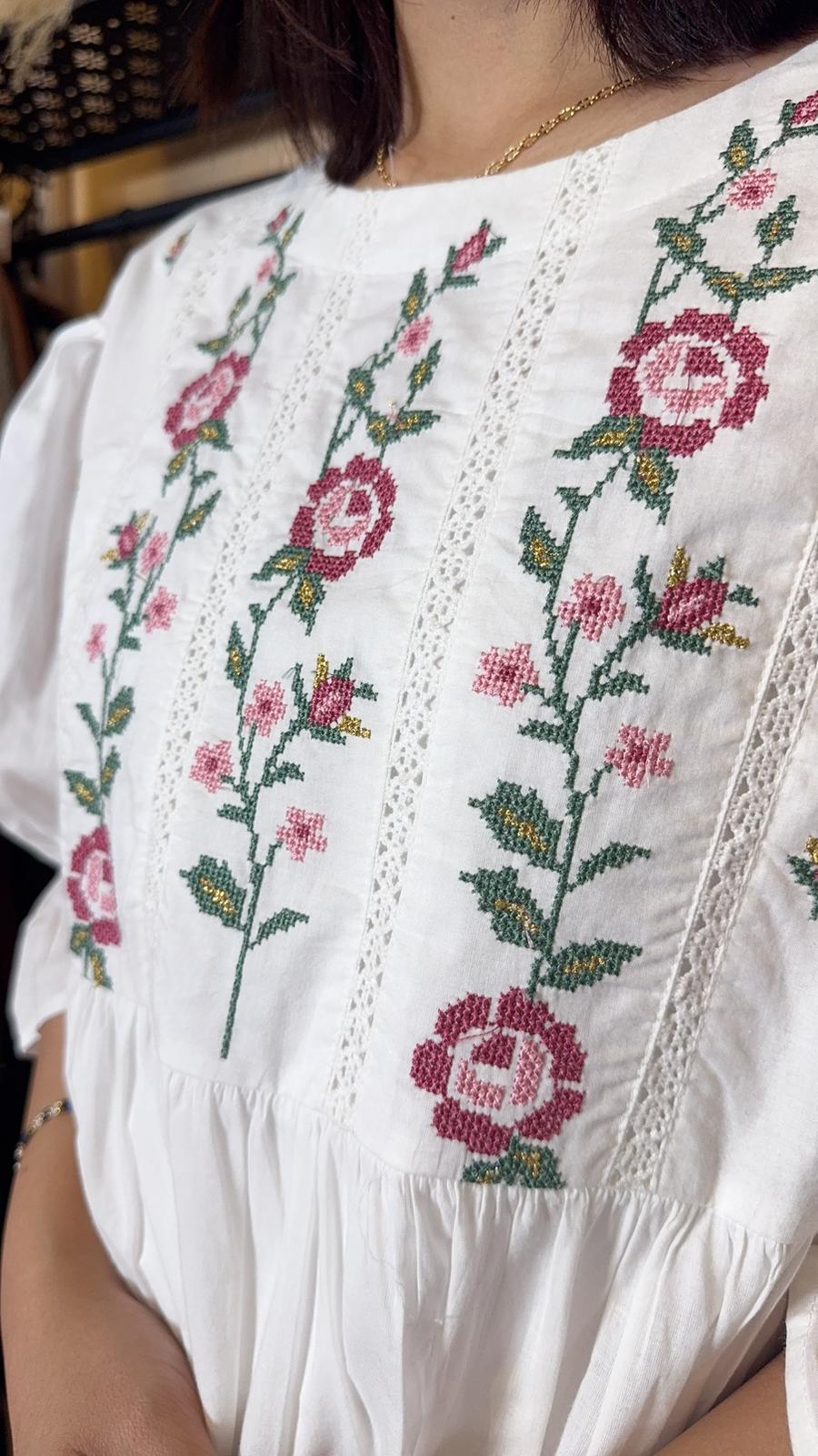 White Cotton Simple Floral Emb Short OP #1400