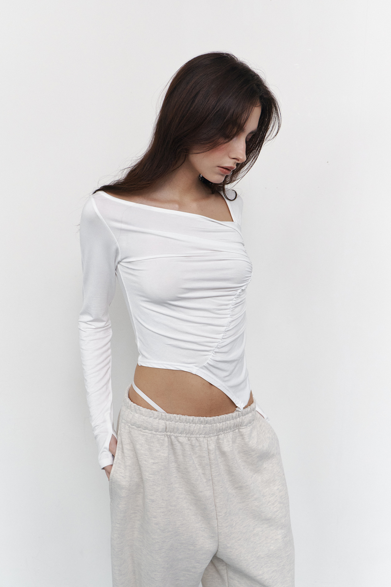 pleaseNOFOLLOW - Sadie Unbal Shirring Long Sleeve Top (White)