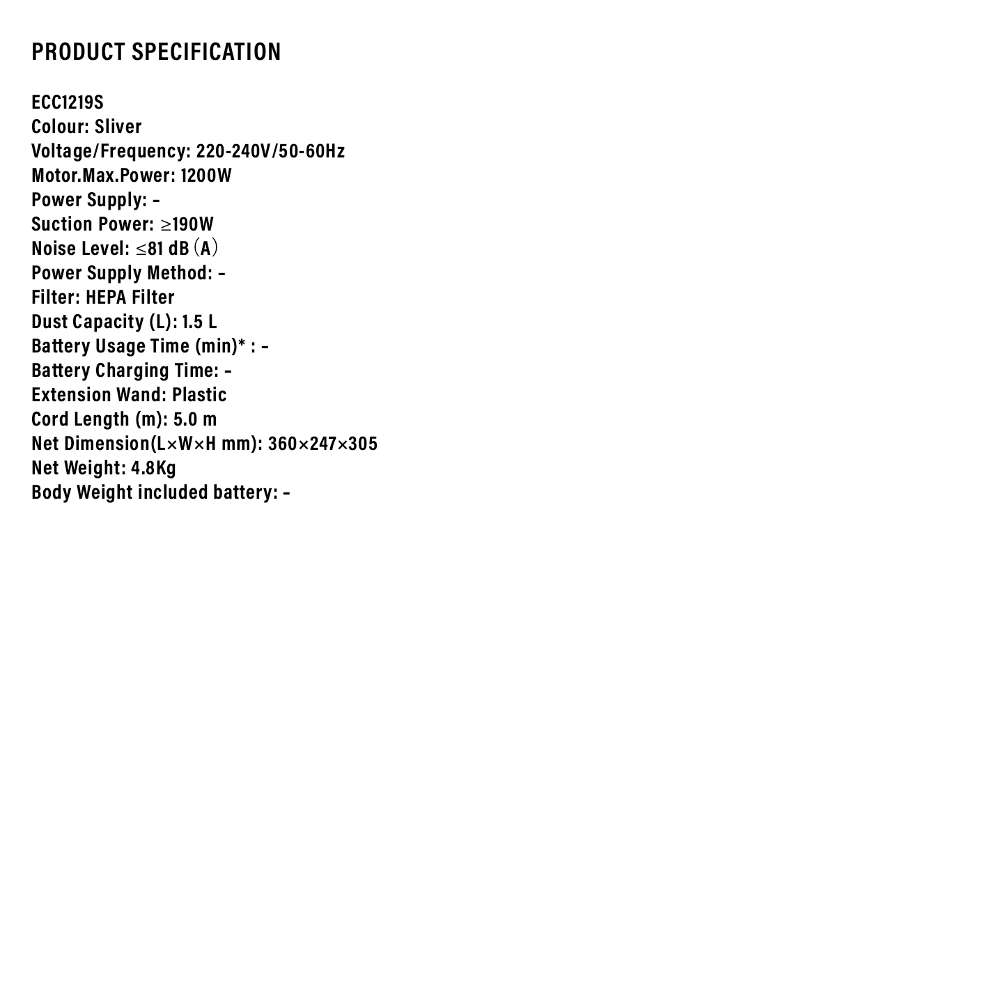 Sharp 1200W Bagless Vacuum Cleaner (ECC1219S)