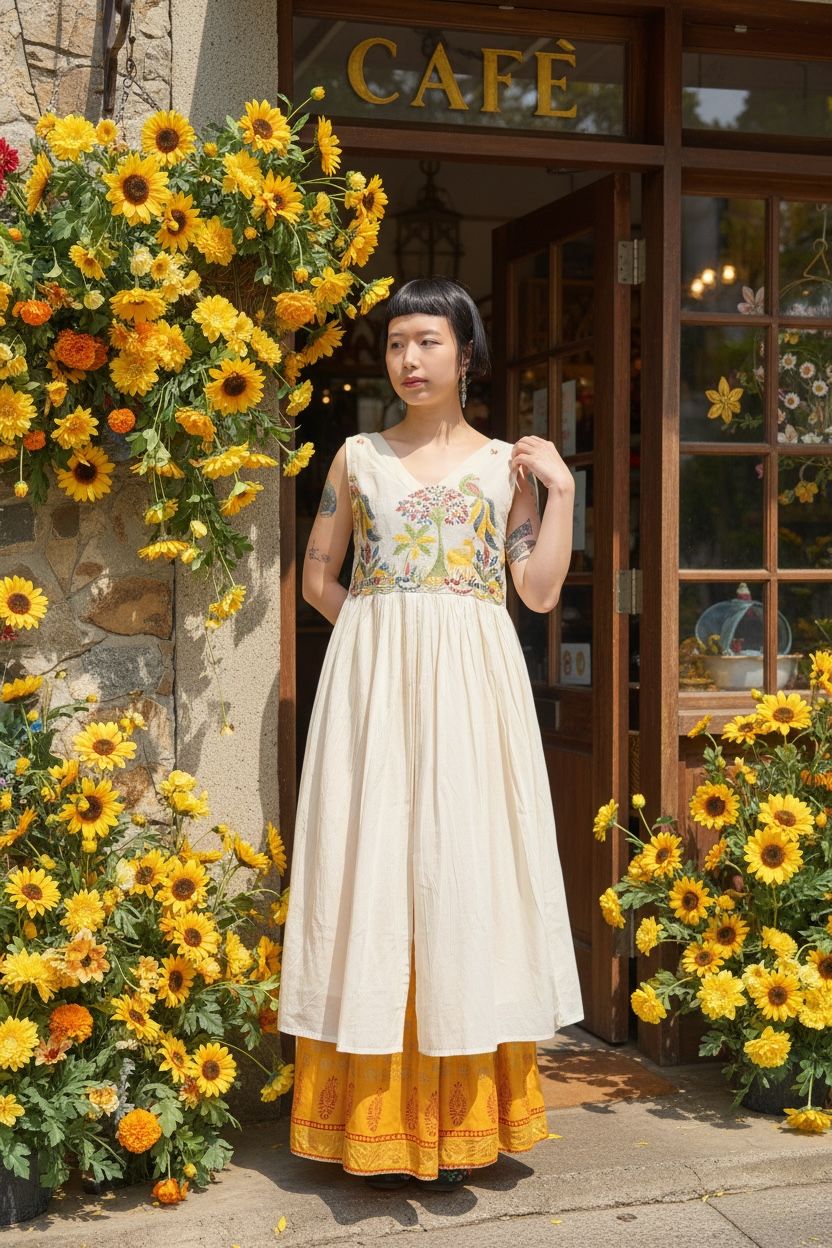 1640 Zoo Emb. Beige Sleeveless Top 44.5"