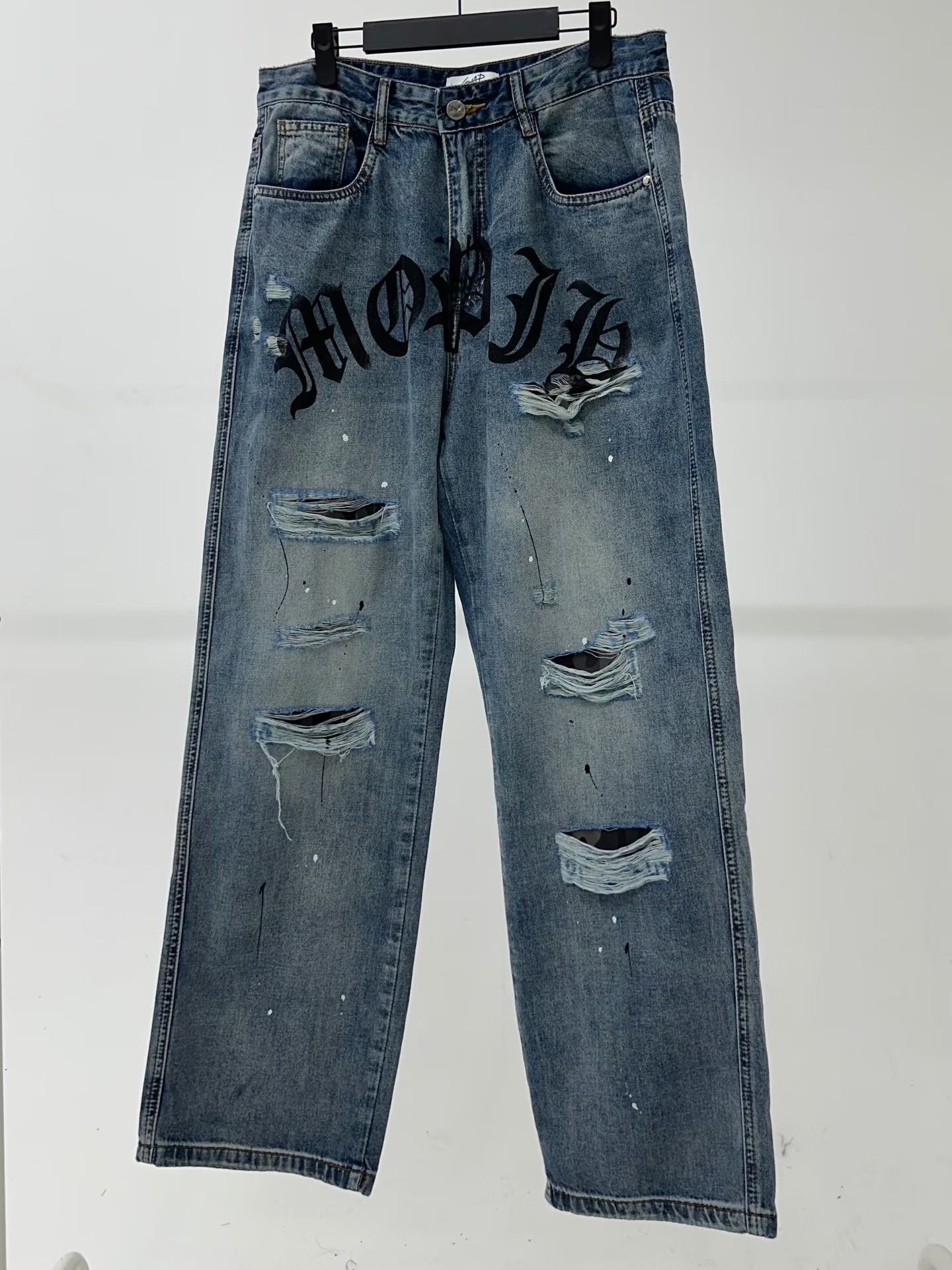 超型！韓國前字母破洞水水牛仔褲