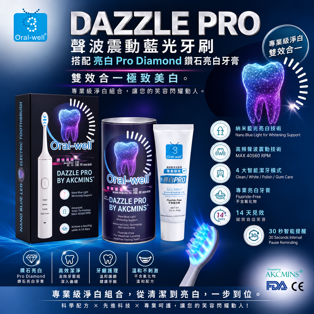 Oral-well DAZZLE PRO 聲波震動藍光牙刷套裝｜1+1>2 極致美白組合【10/4 截單，預計 :10月中至尾發貨】