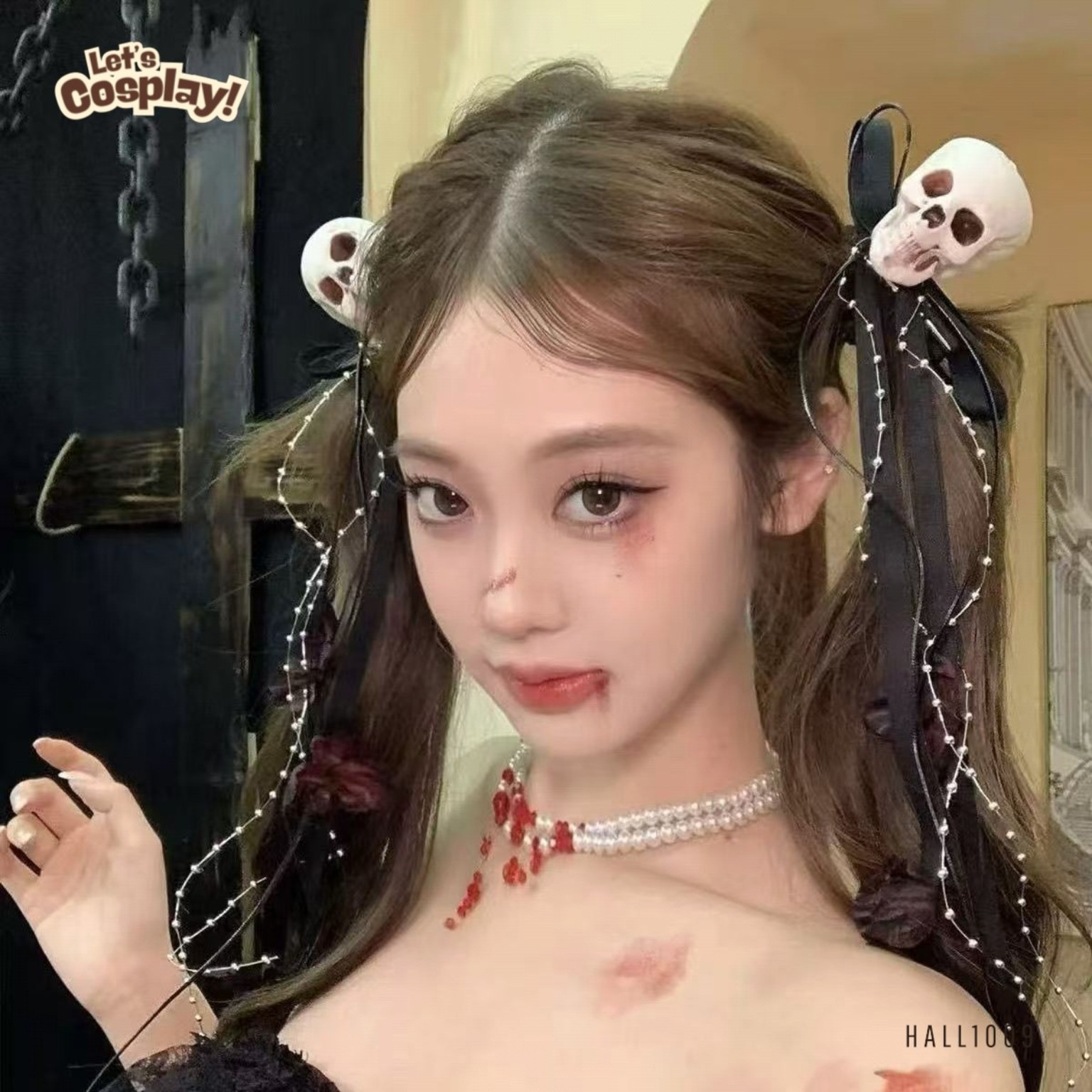 萬聖節骷髏頭骨頭飾｜黑色絲帶珠鏈恐怖造型頭飾 Halloween Hair Accessory HALL1009