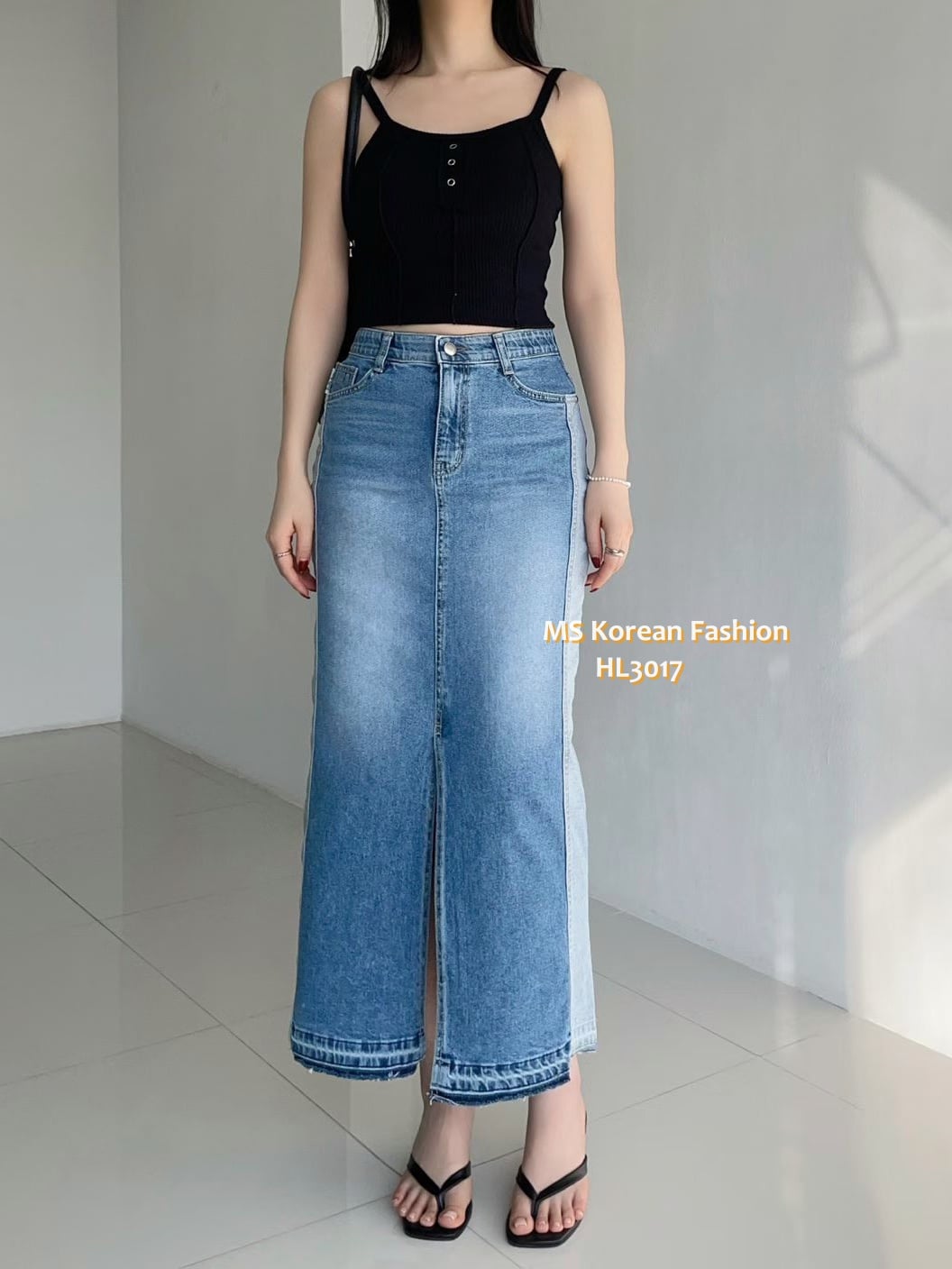 HL3017 韓國🌼Howluk前開叉拼色中長牛裙