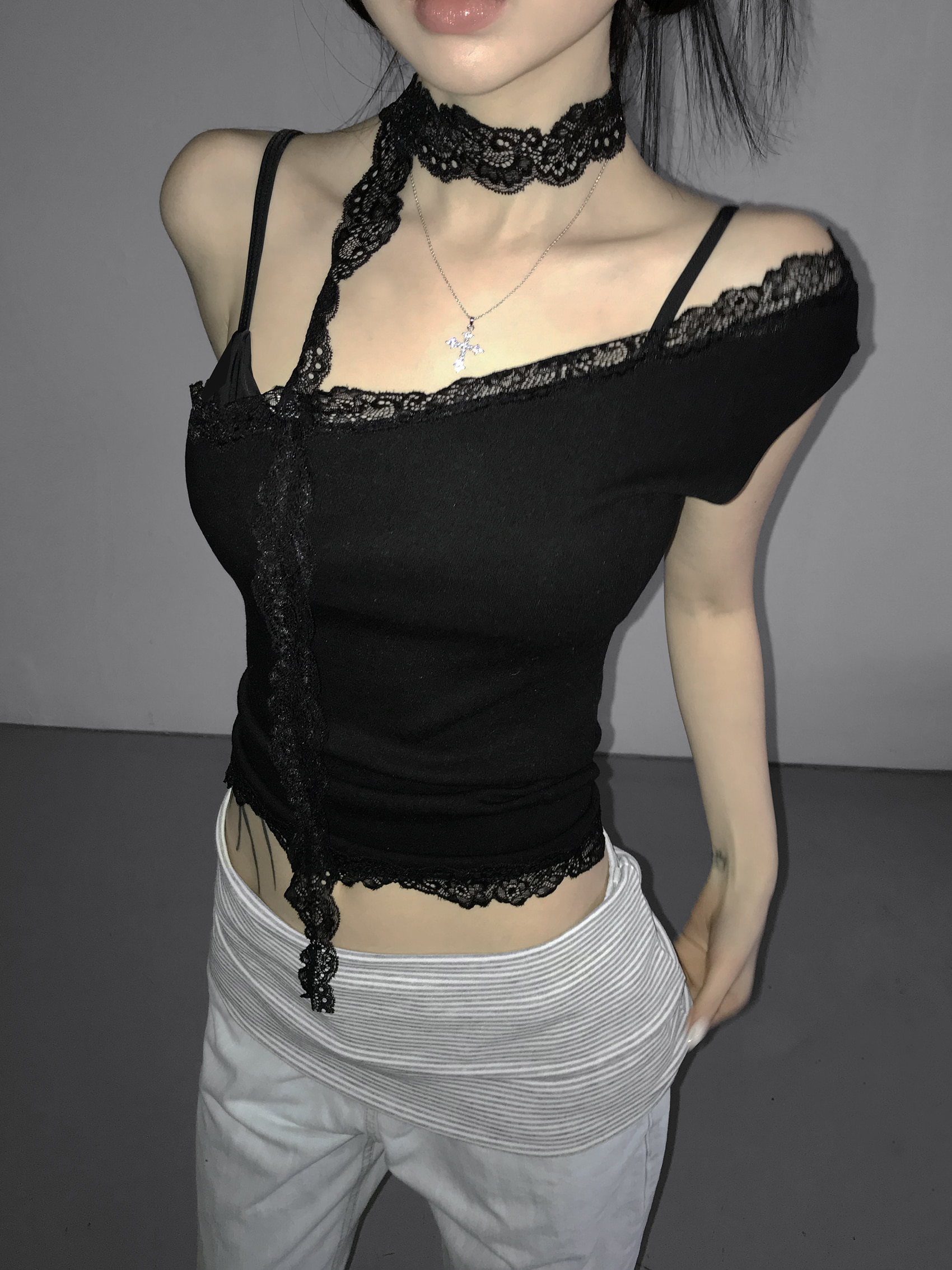 Asymmetrical One-Shoulder Lace Trim Top with Scarf